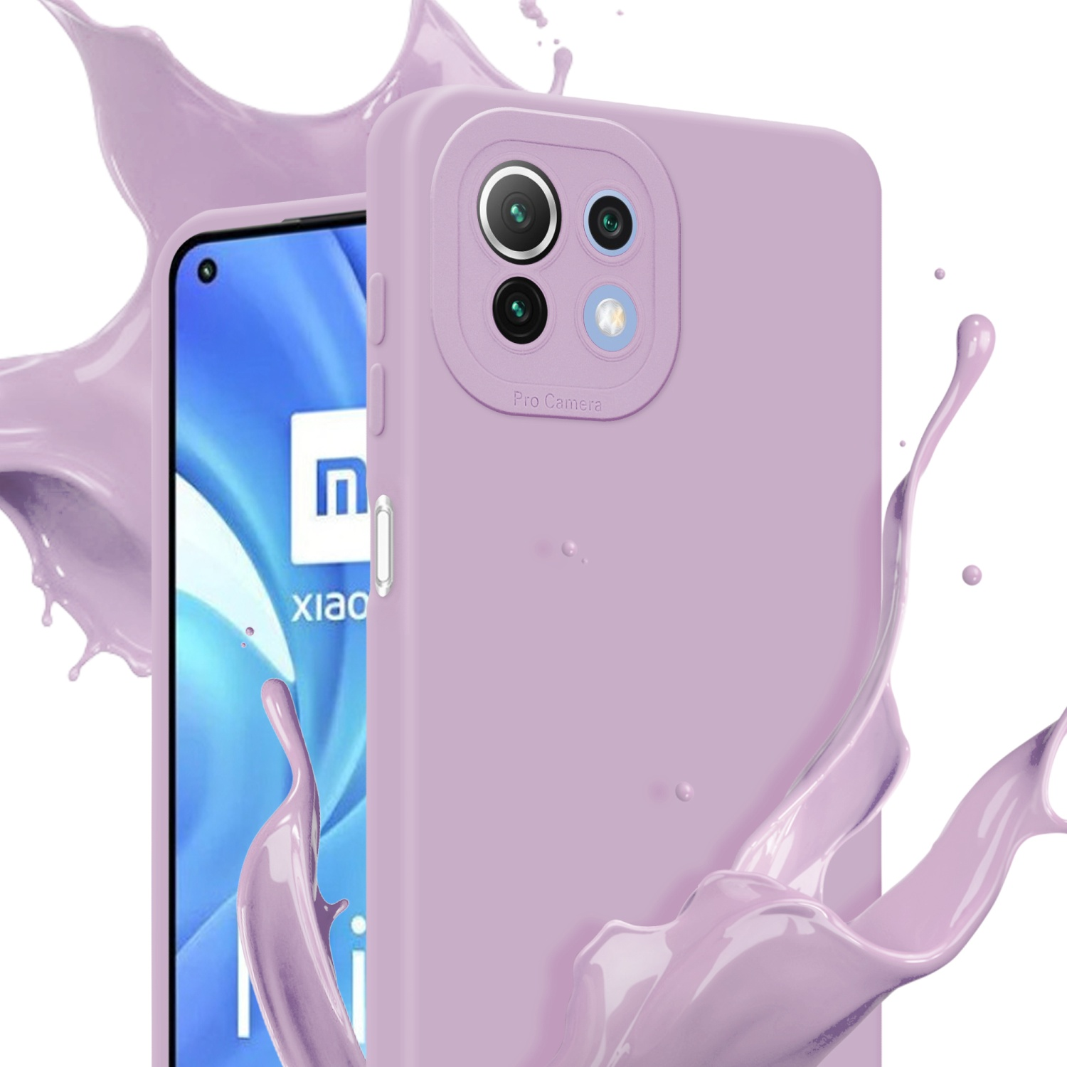 Coque de téléphone violette avec téléphone, contre une éclaboussure de peinture violette. Fond blanc.