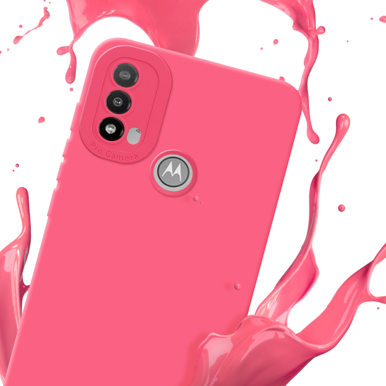 Una custodia rosa per telefono con un telefono e liquido rosa che schizza. La custodia è in primo piano.