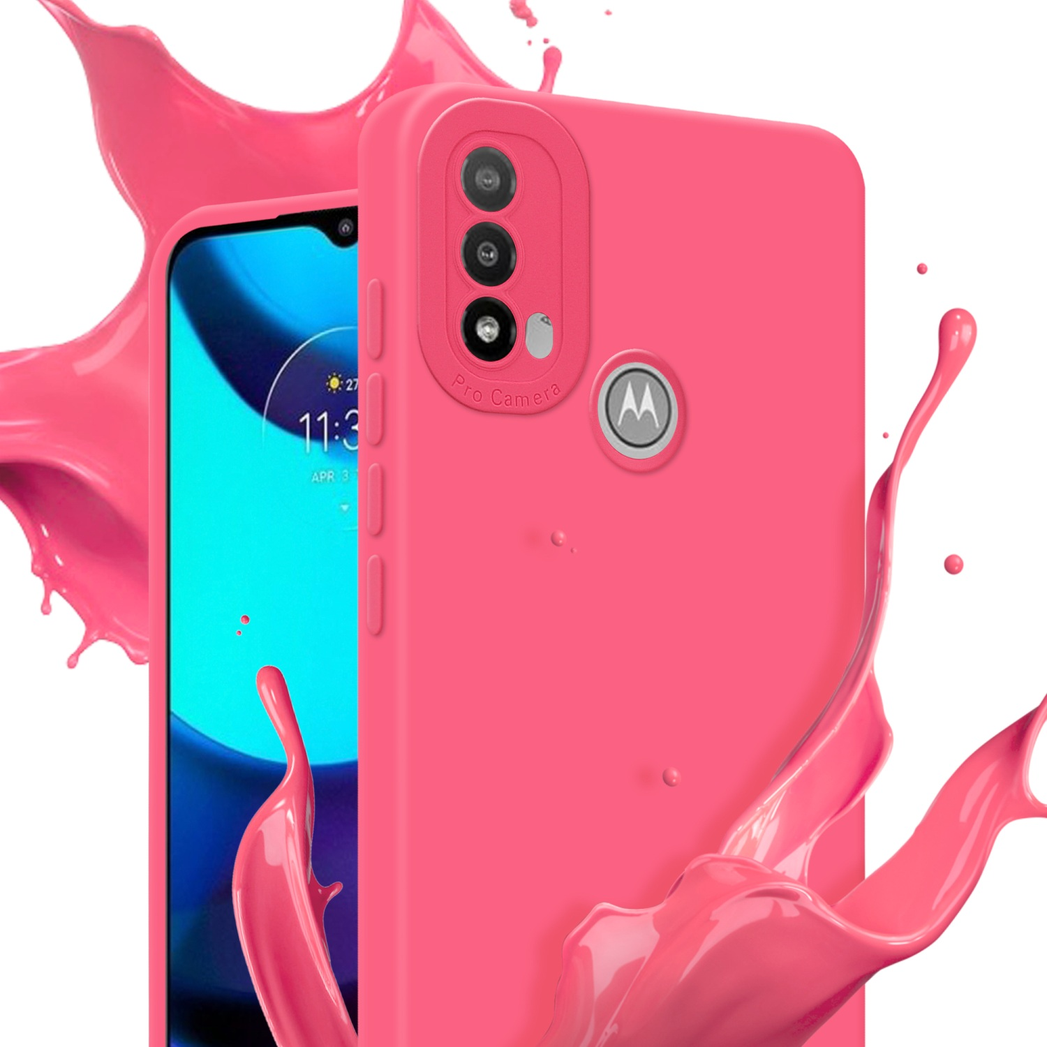 Una custodia per telefono rosa con effetto spruzzo rosso e configurazione a tripla fotocamera, che mostra lo schermo.