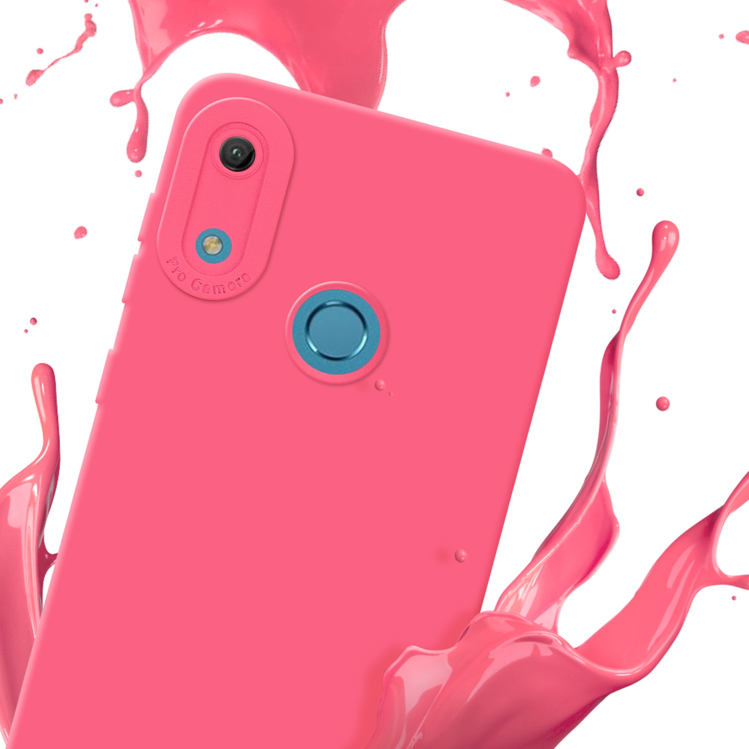 Coque de téléphone rose avec caméras, éclaboussures de peinture rose et fond blanc.