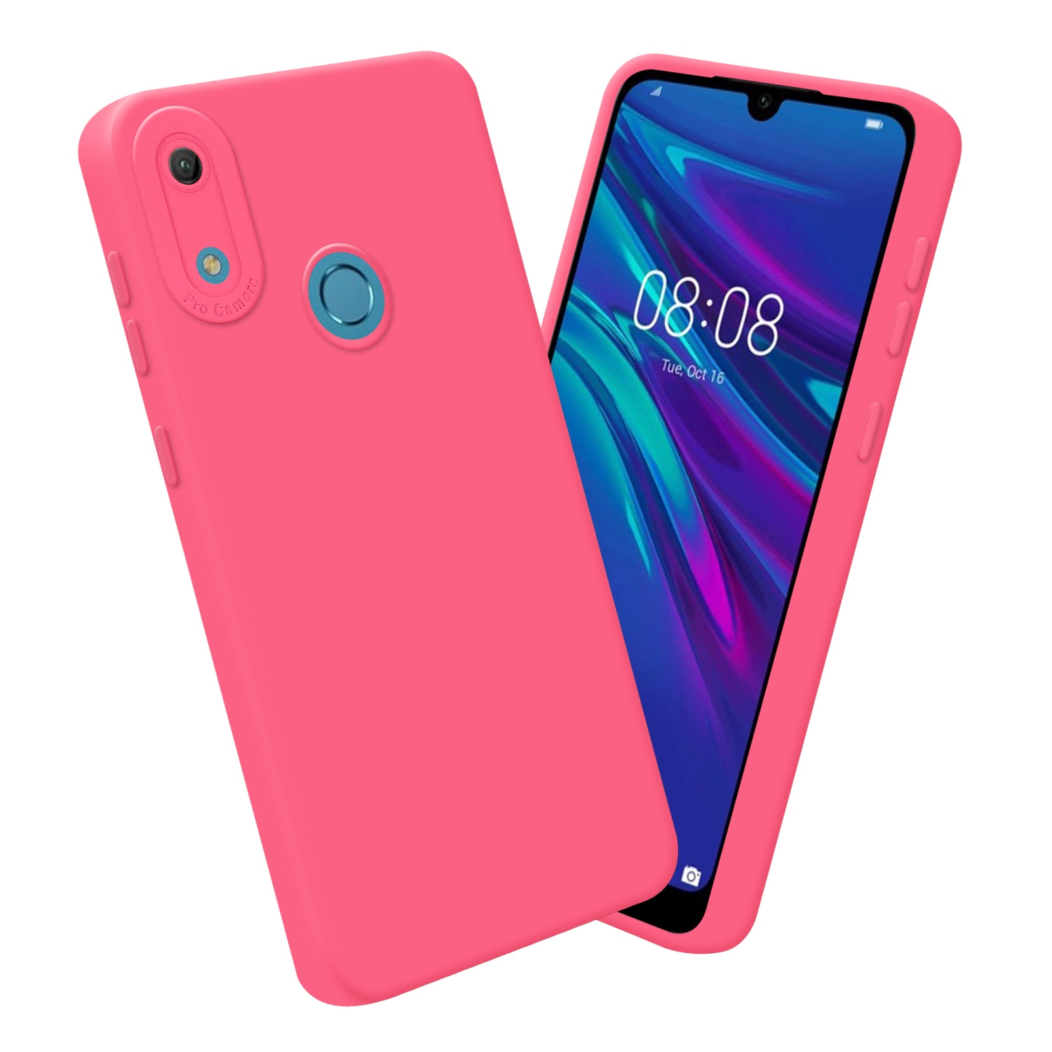 Coque et téléphone roses. Le téléphone affiche l'heure 08:08 et la date.
