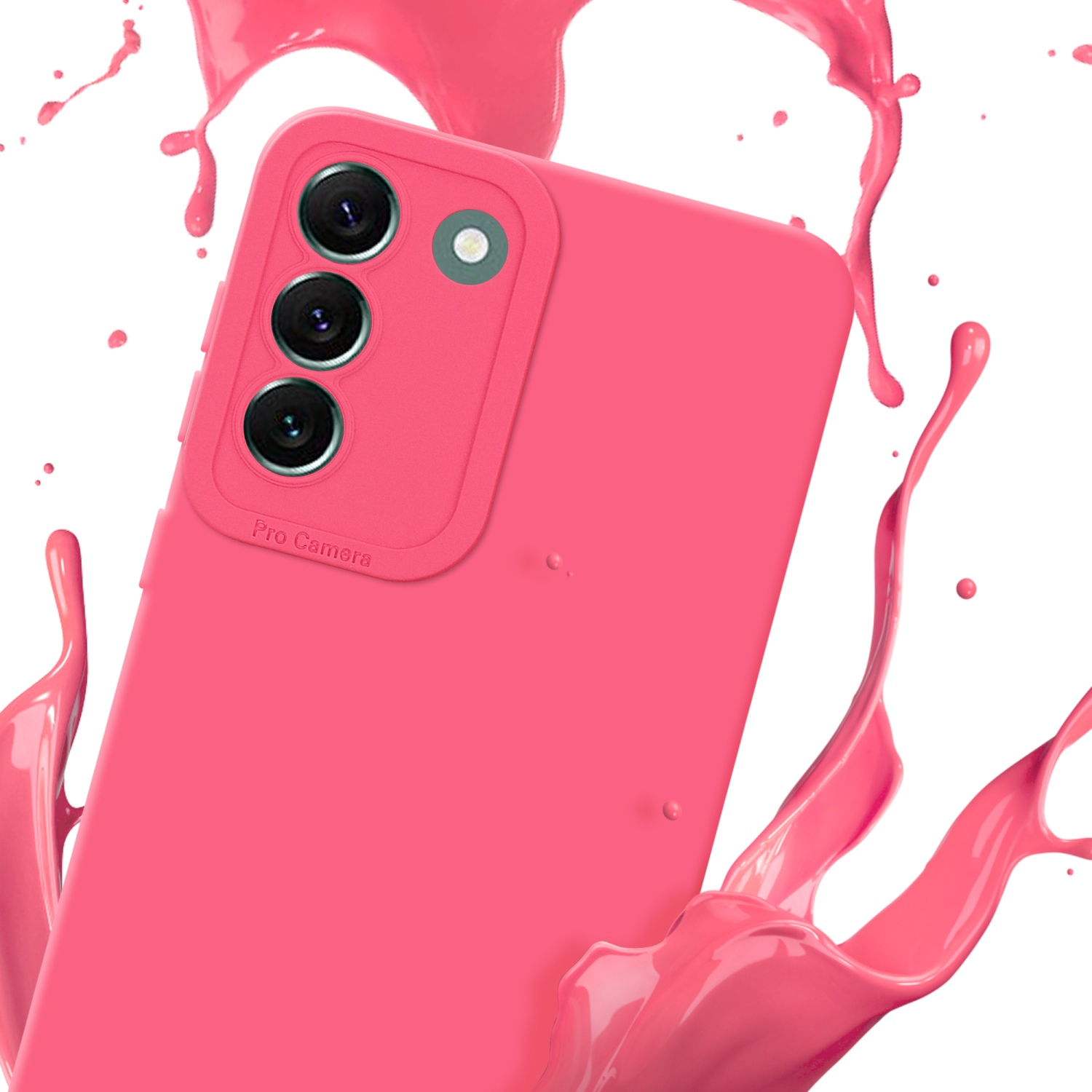 Custodia rosa con 'Pro Camera'. Schizzi di vernice rosa su sfondo bianco.