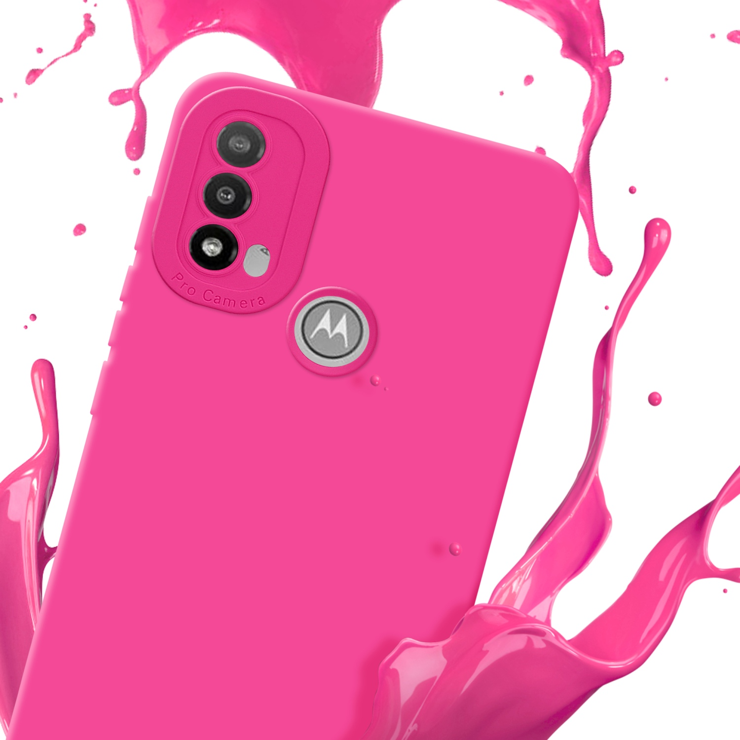 Telefono rosa con schizzo di vernice rosa. Sfondo bianco.