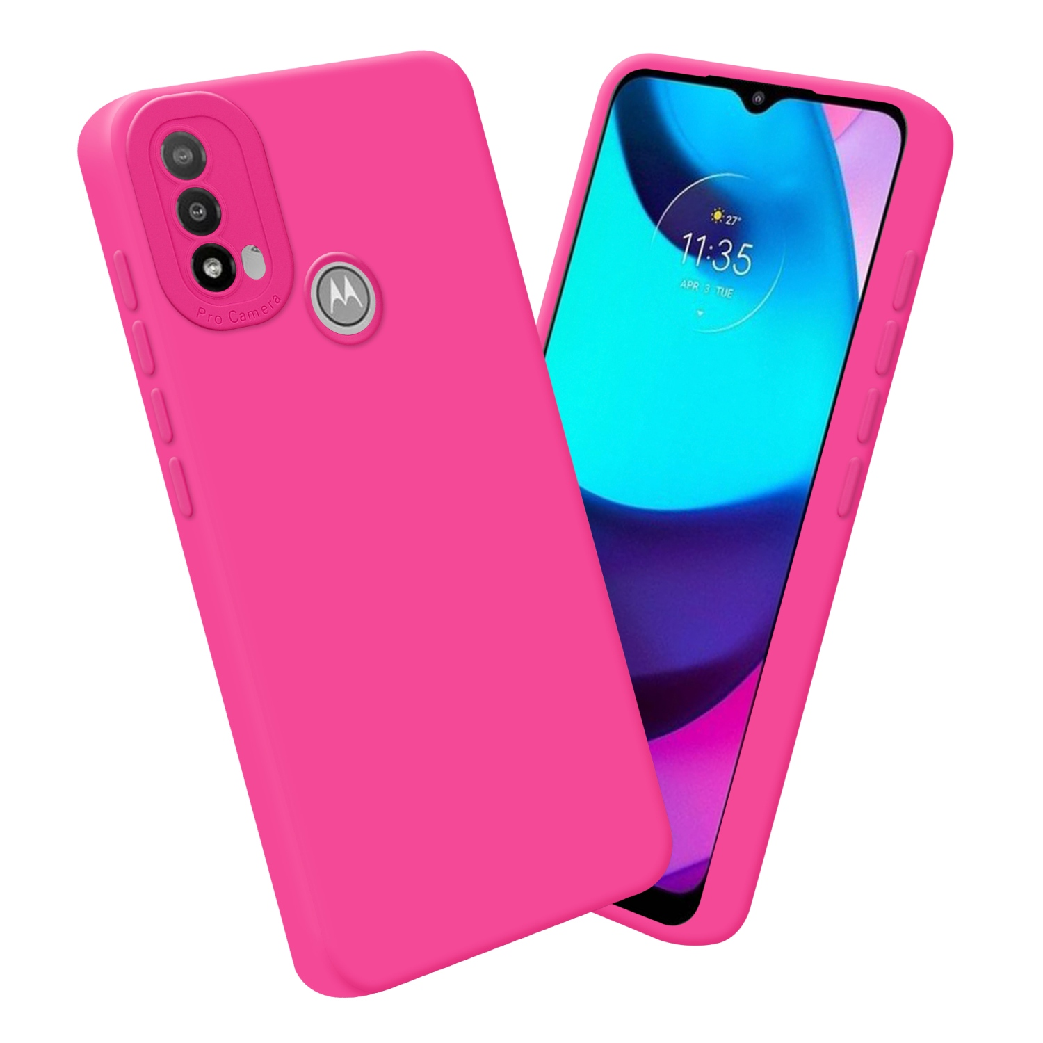 Una custodia e un telefono rosa. Il telefono visualizza uno schermo. La custodia ha 3 fotocamere.