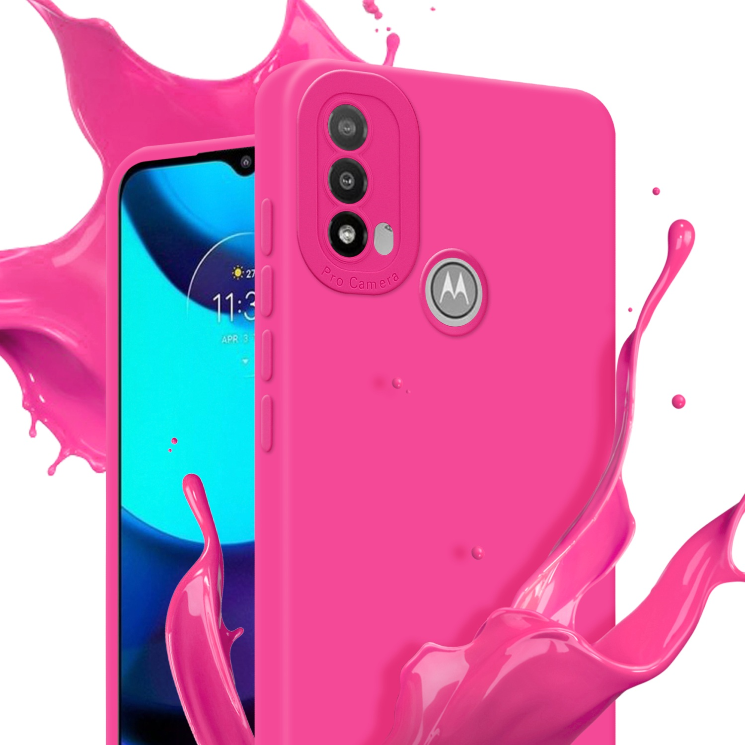 Una custodia per telefono rosa con schermo del telefono e schizzo di vernice rosa.