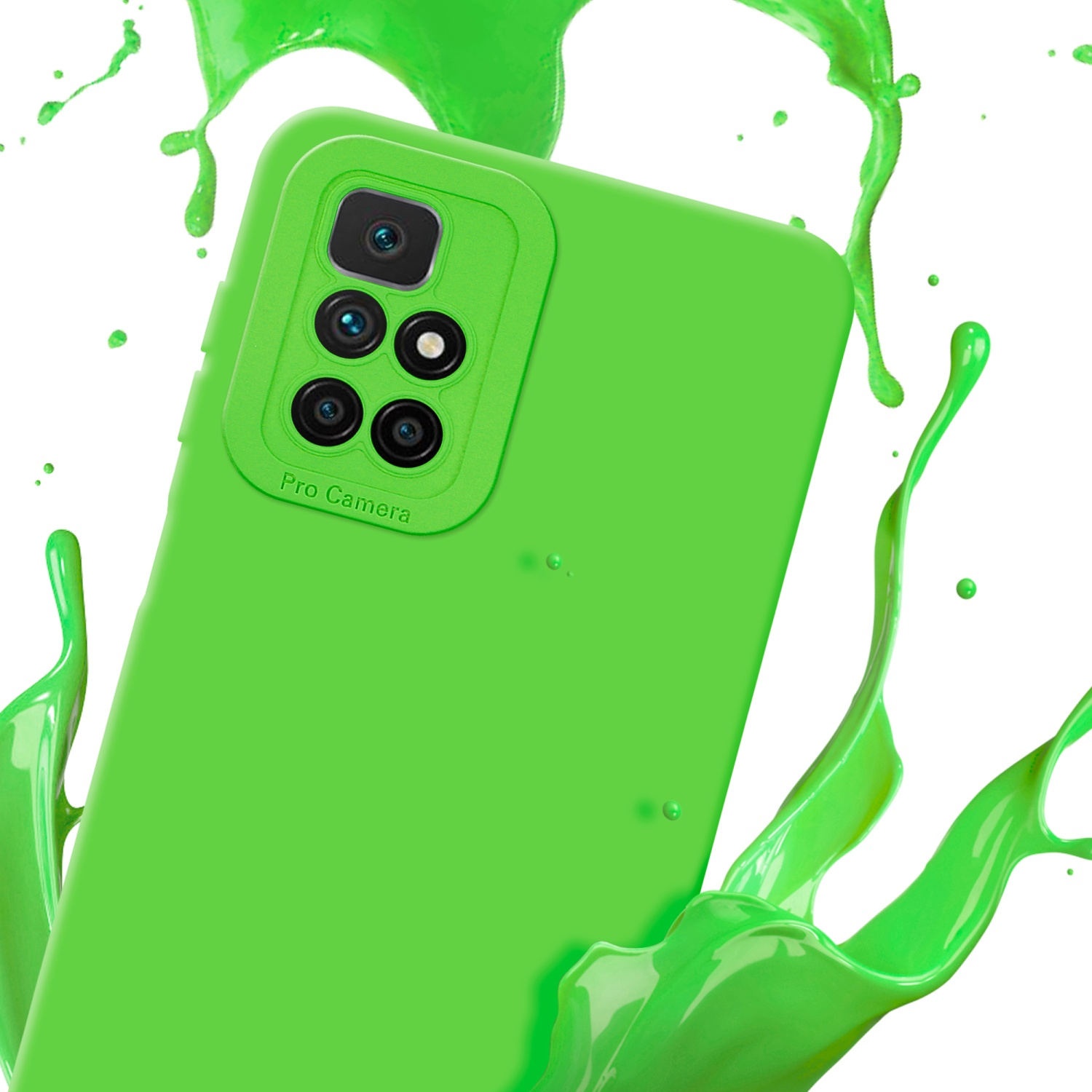 Una custodia verde brillante per telefono con ritagli per la fotocamera. Schizzi di vernice verde.