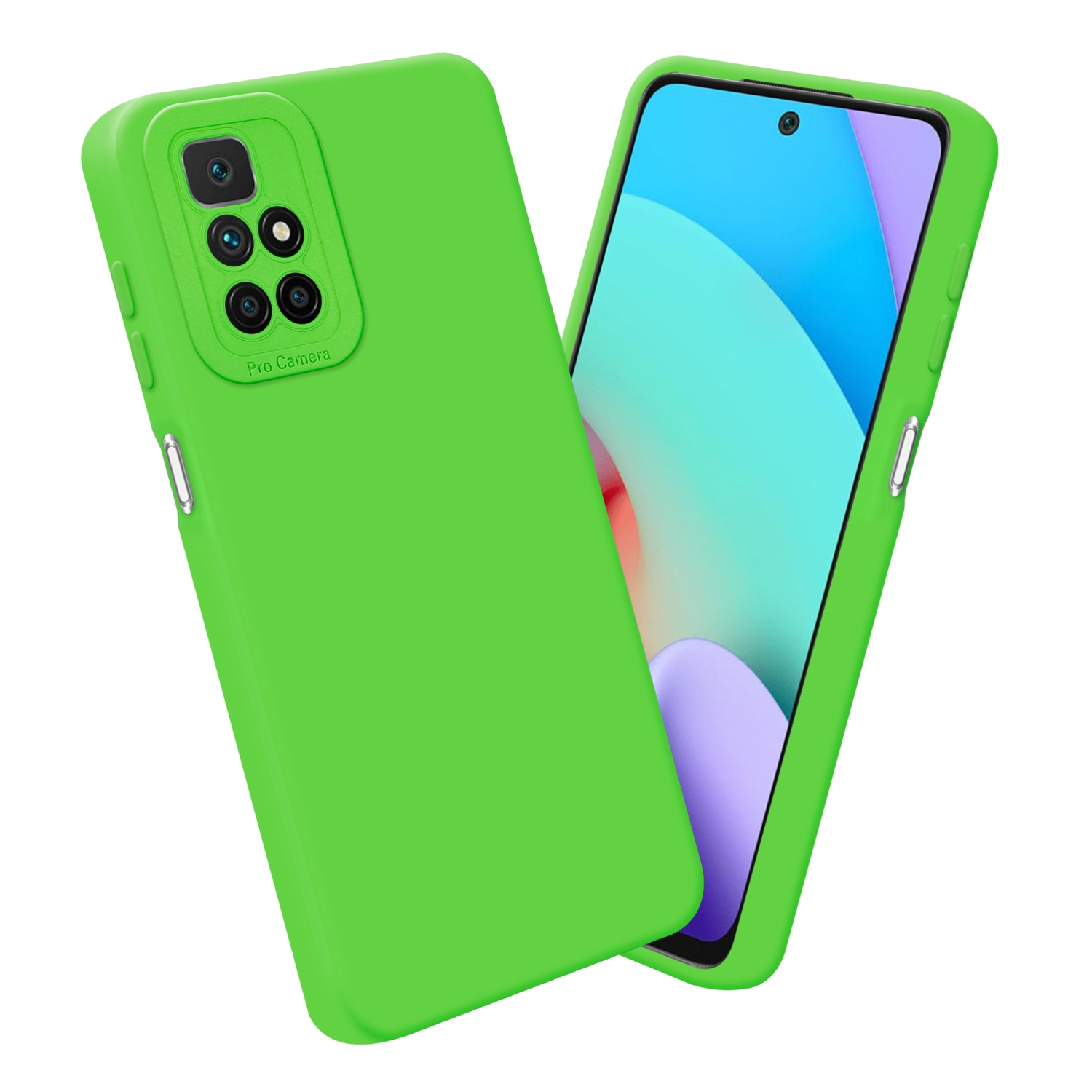 Due telefoni, una custodia verde, l'altro è lo schermo del telefono. Sfondo bianco.