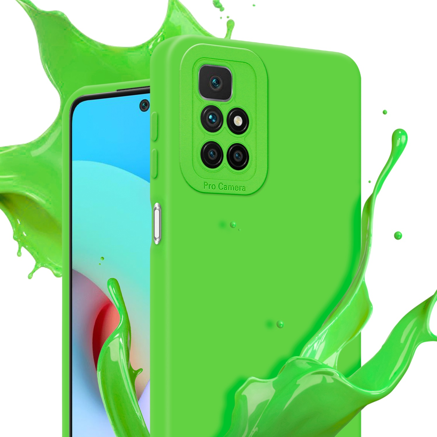 Una custodia verde per telefono con un modulo fotocamera accanto a un telefono, con schizzi di vernice verde.