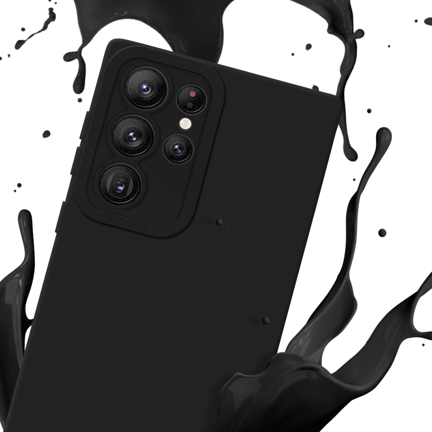 Coque de téléphone noire avec un téléphone. Éclaboussure de peinture noire. Fond blanc.