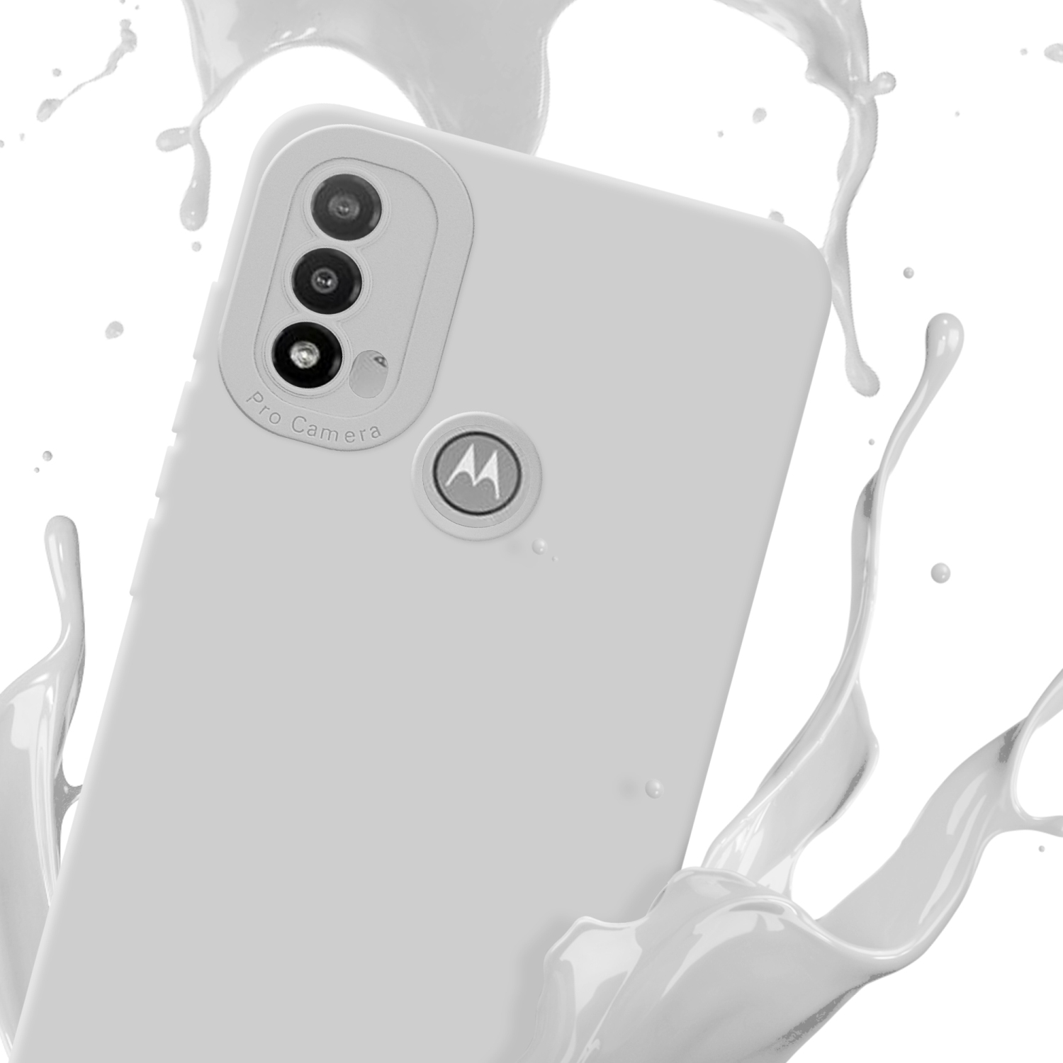 Custodia bianca per telefono con tripla fotocamera. Schizzo di liquido bianco attorno al telefono.