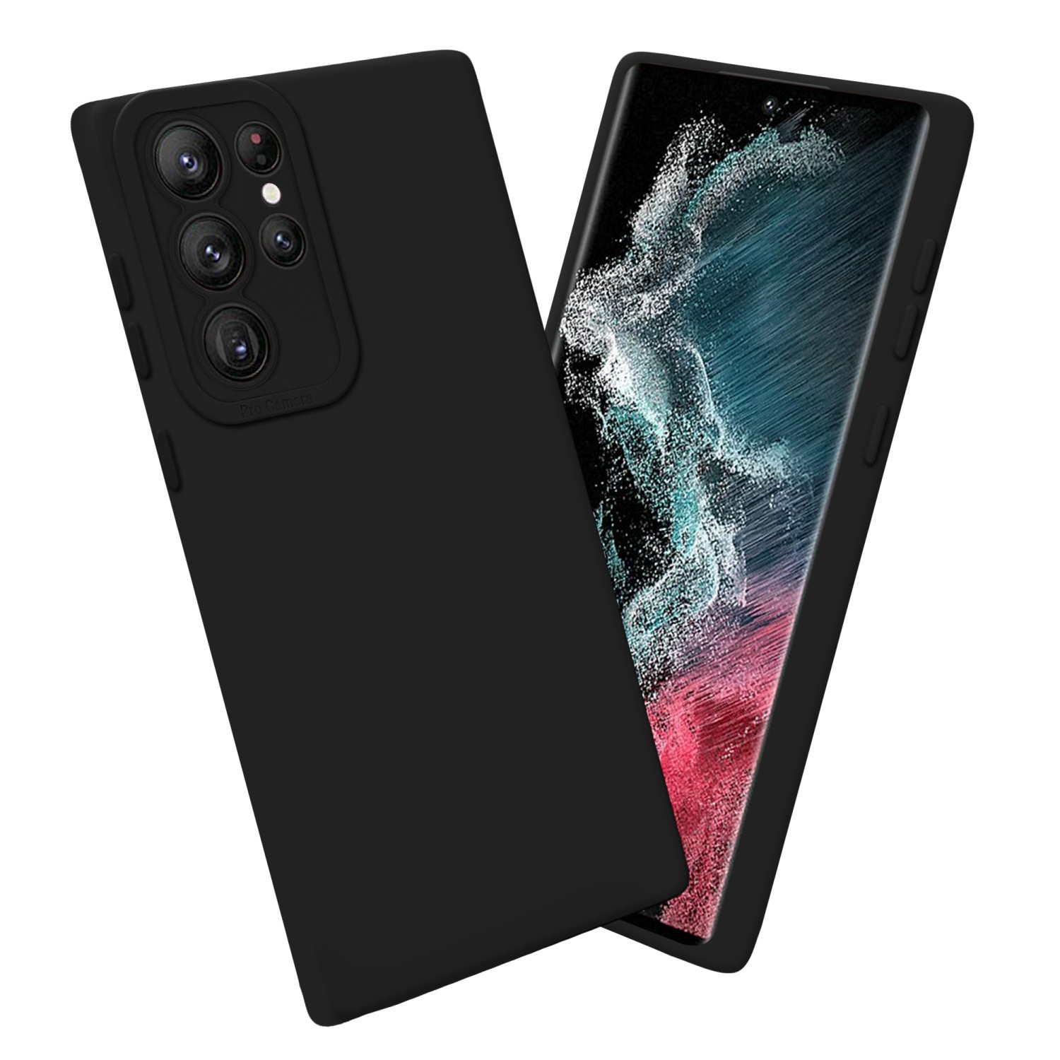 Coque de téléphone noire avec téléphone à l'intérieur. Fond blanc.