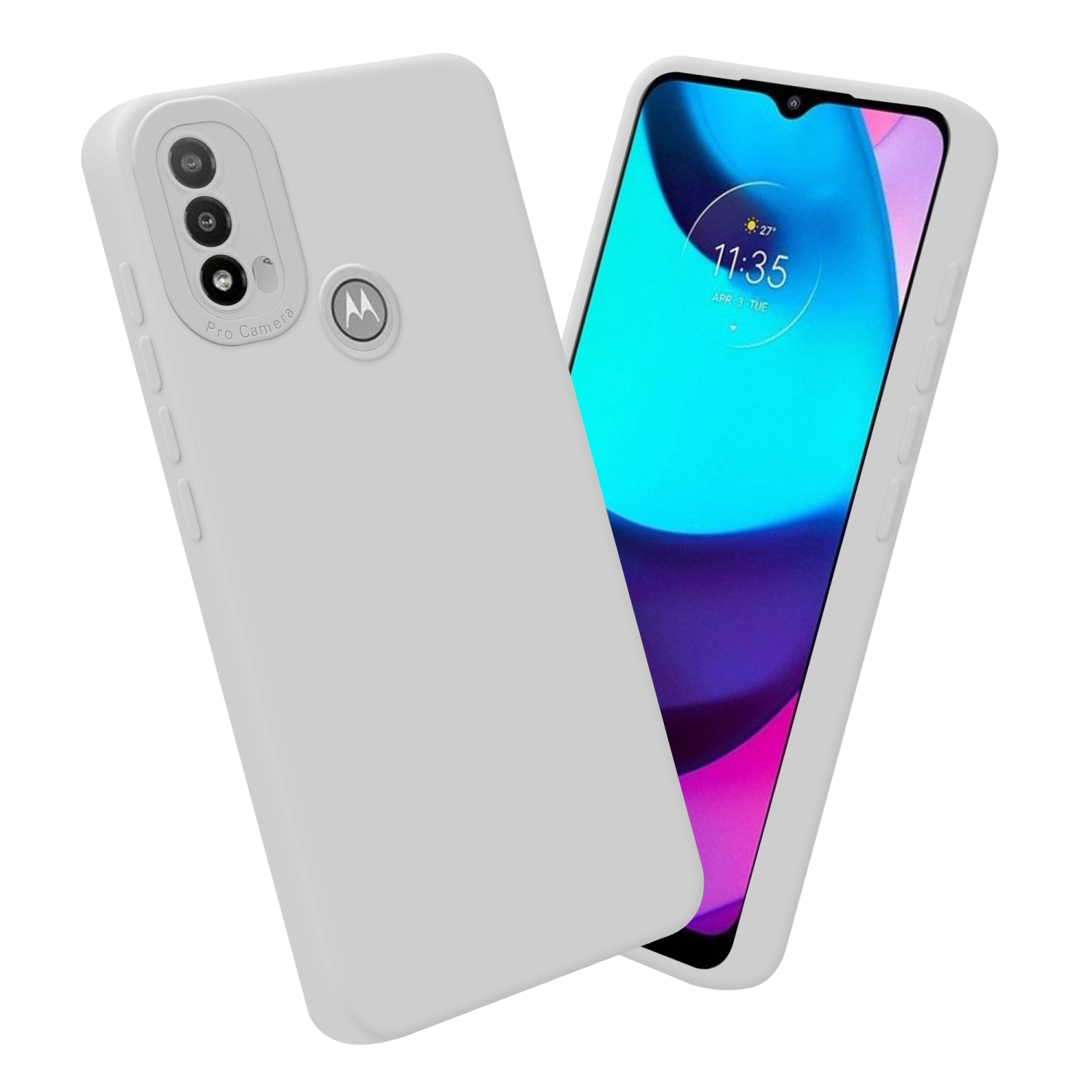 Custodia per telefono bianca con fotocamera e telefono con schermo blu, su sfondo bianco.