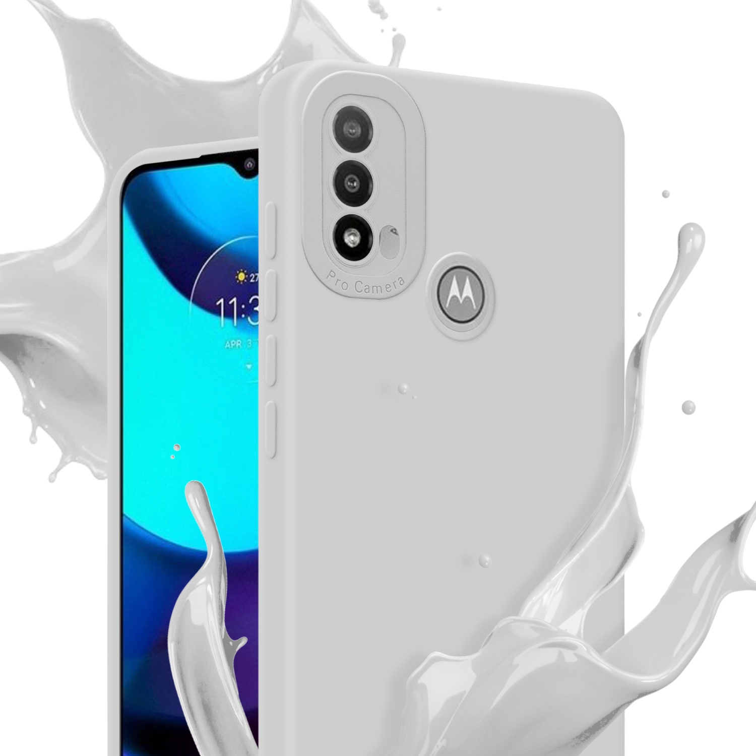 Custodia bianca con telefono all'interno. Effetto schizzo di vernice bianca sullo sfondo.