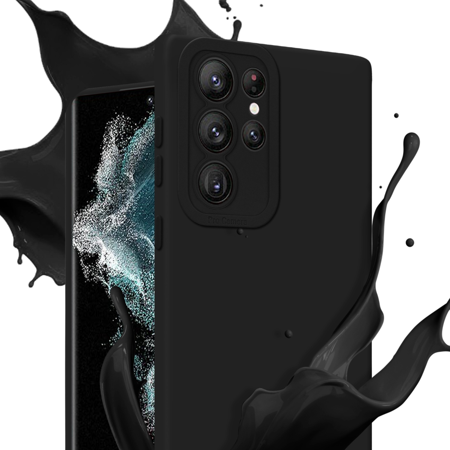 Une coque de téléphone noire avec une caméra pro est à côté d'un smartphone. Éclaboussures de liquide noir.