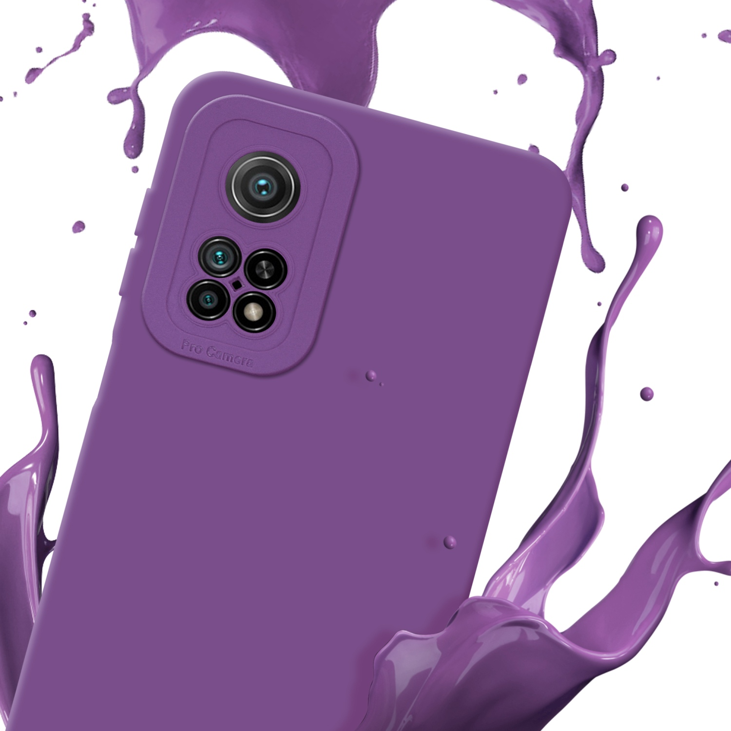 Coque de téléphone violette avec effet splash. Étiquette Pro Camera visible au dos.