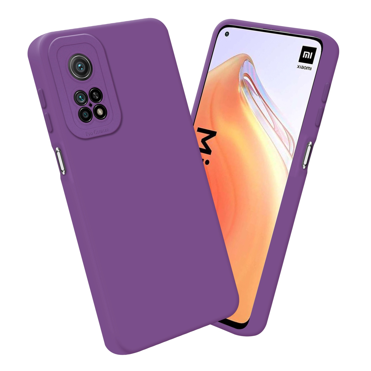 Coque de téléphone violette et téléphone. Le téléphone a un écran et la coque a une protubérance de caméra.