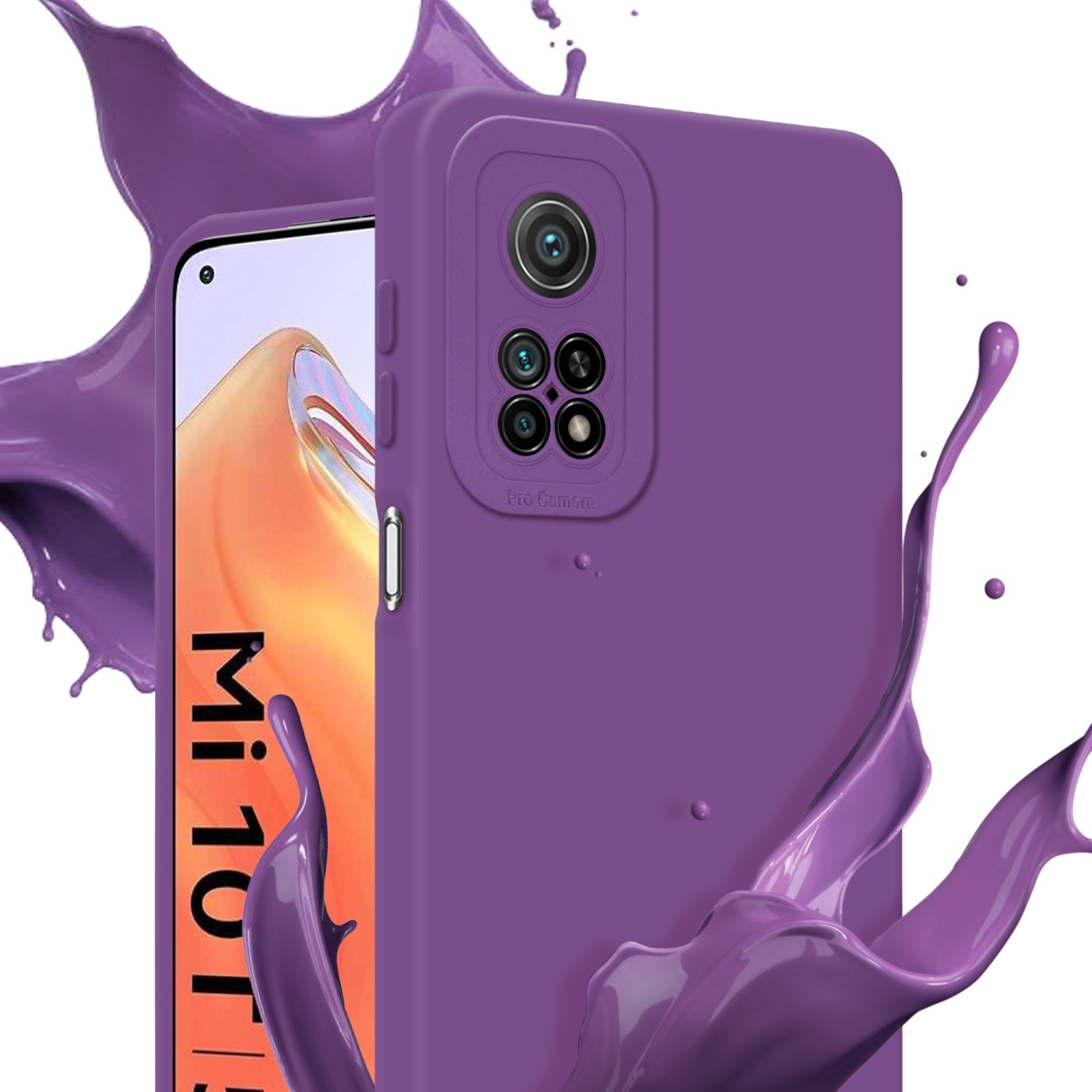 Coque de téléphone violette avec écran de téléphone. Éclaboussures de peinture violette sur fond blanc.
