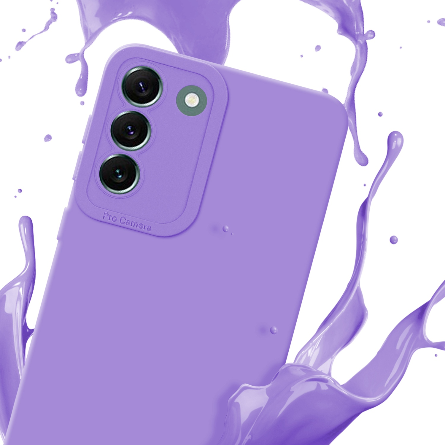 Une coque de téléphone violette avec une éclaboussure de liquide violet sur fond blanc.