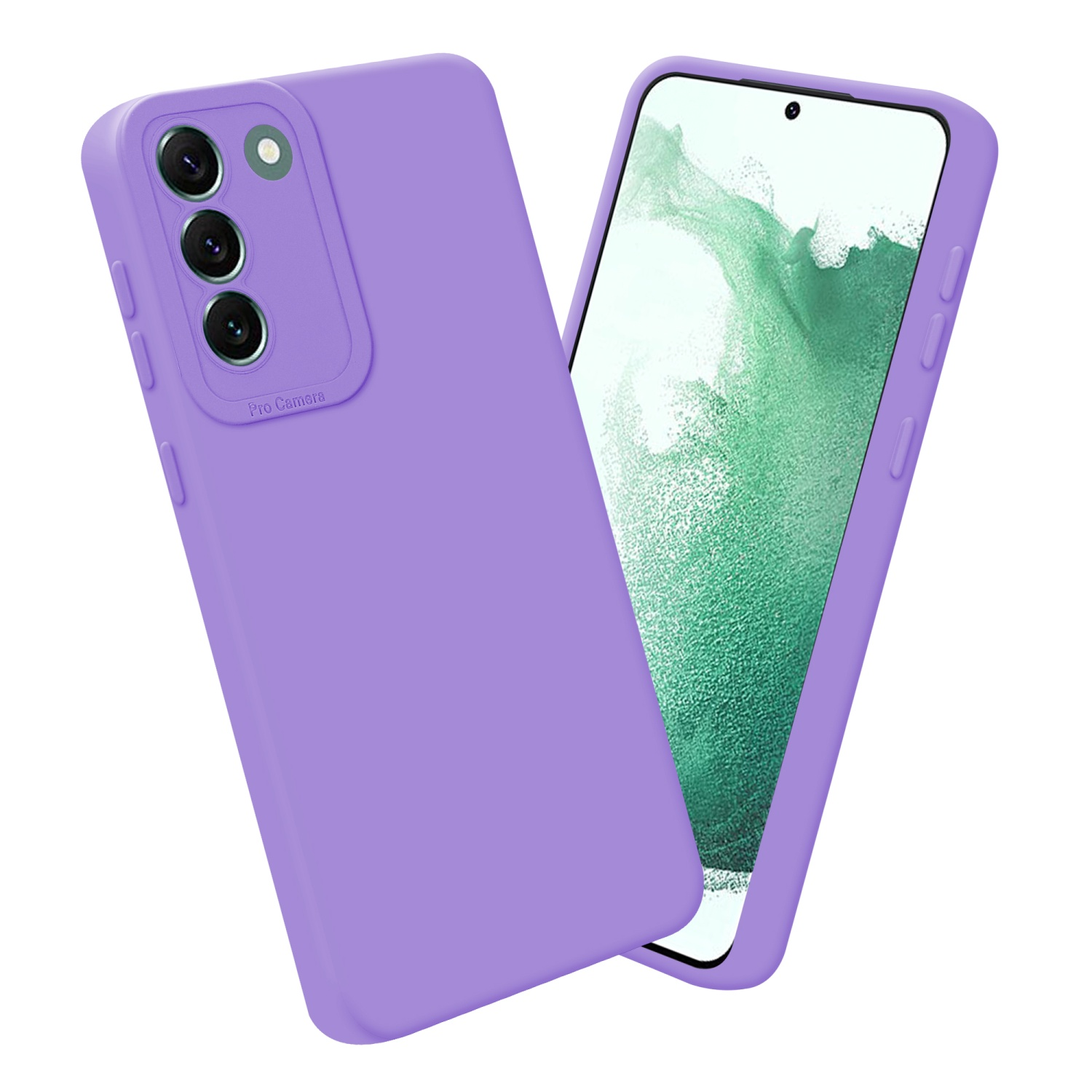 Coque de téléphone violette avec une bosse de caméra. Fond blanc. L'étui et le téléphone sont violets.
