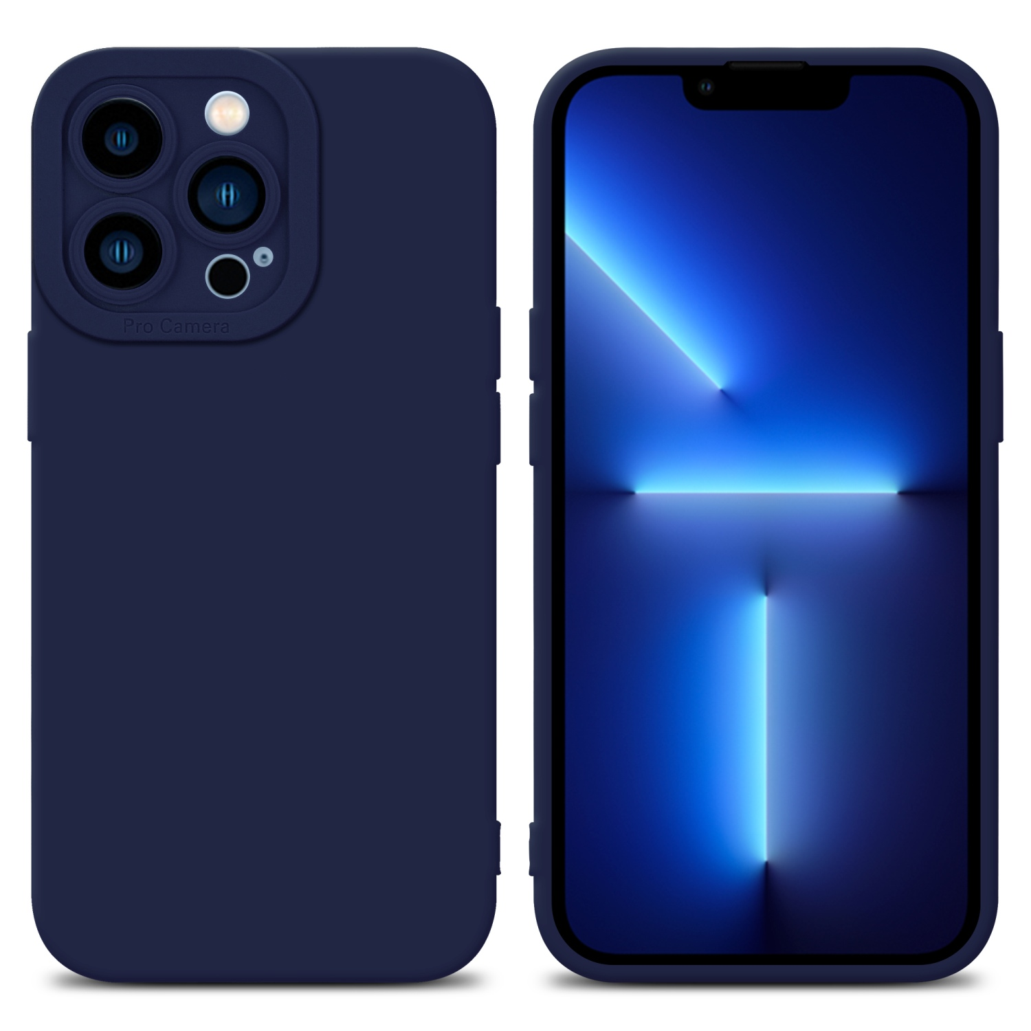 Custodia blu navy su sfondo bianco, con lo schermo del telefono visibile.