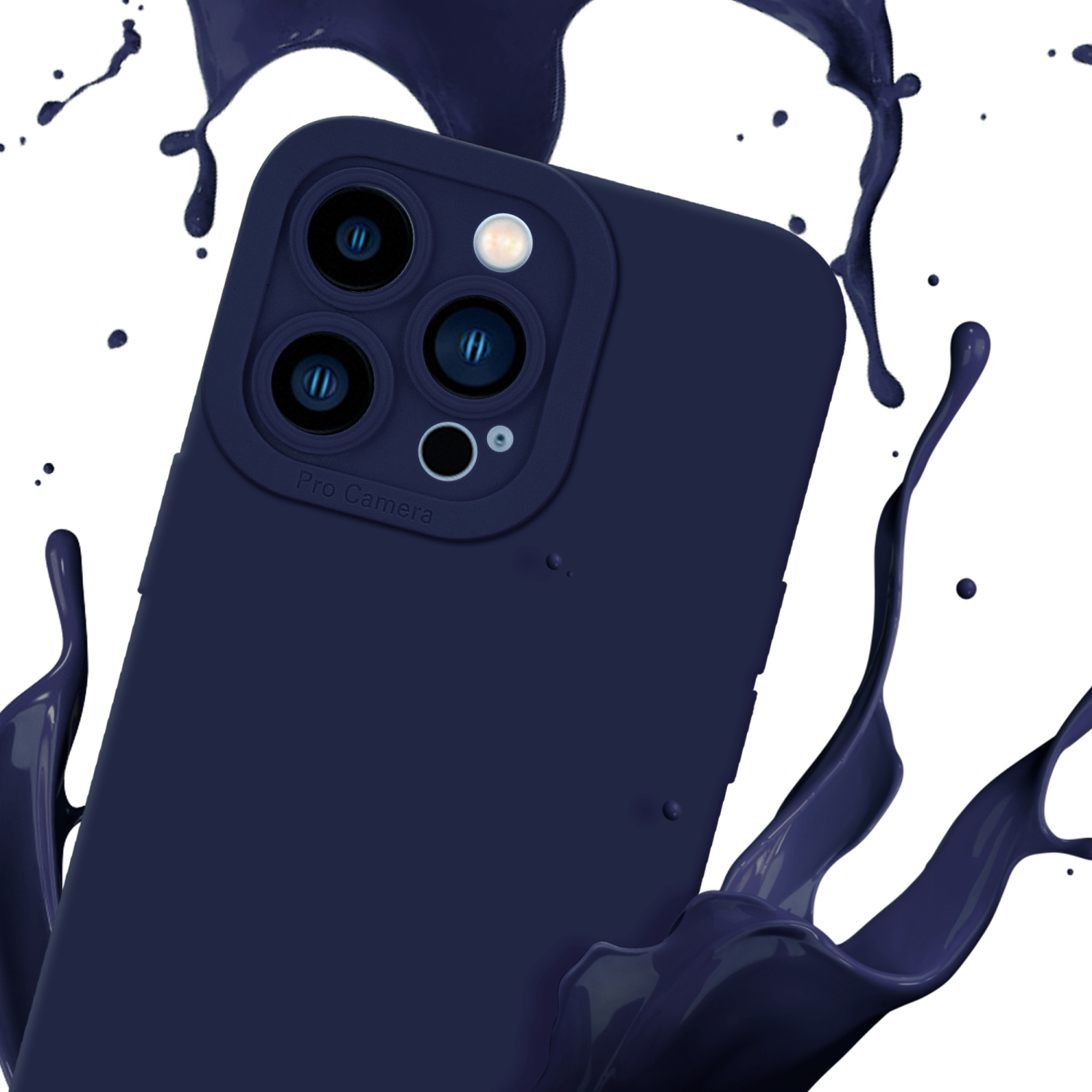 Custodia blu navy con Pro Camera. Schizzo di vernice blu navy su sfondo bianco.