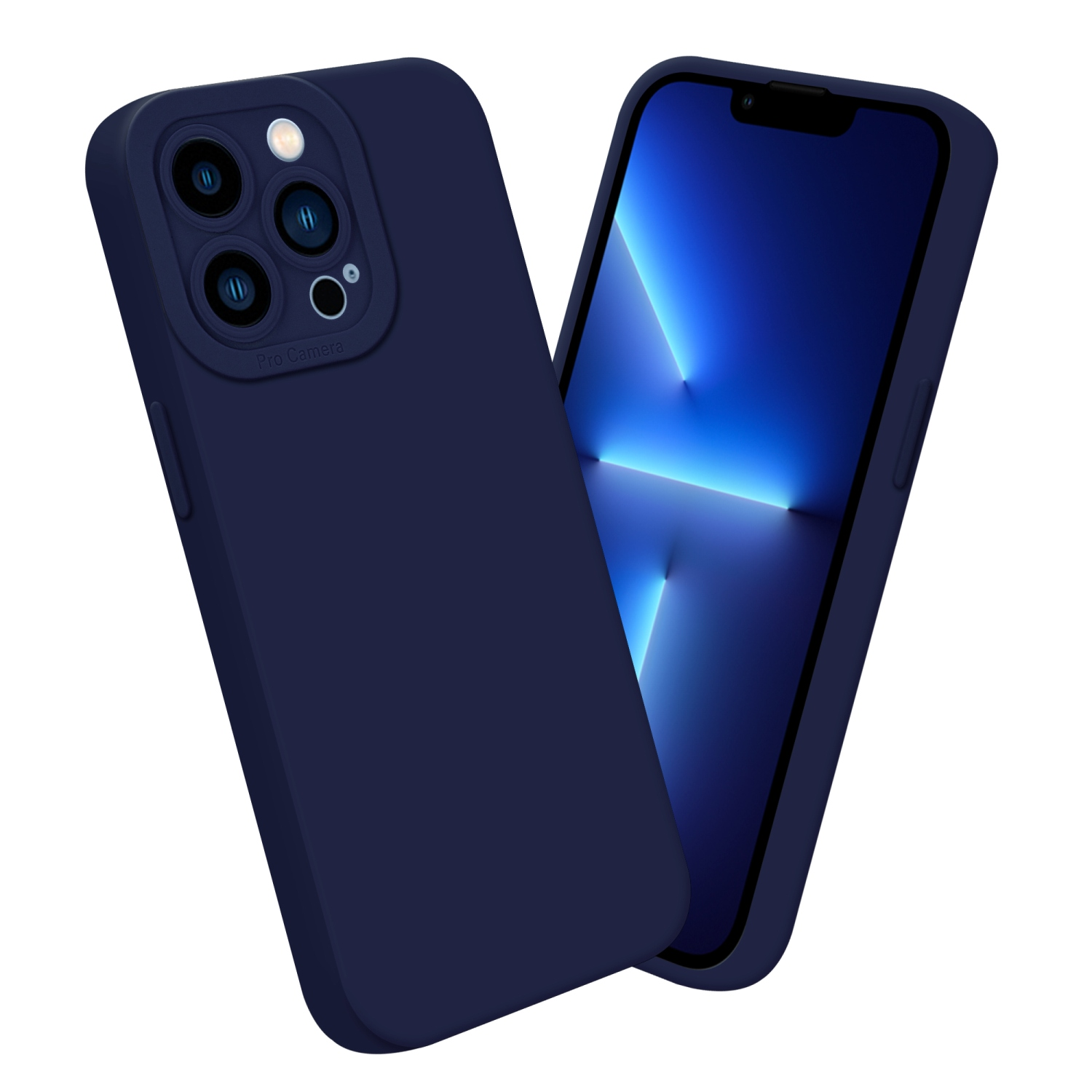 Custodia e telefono blu navy, schermo blu scuro, su sfondo bianco.