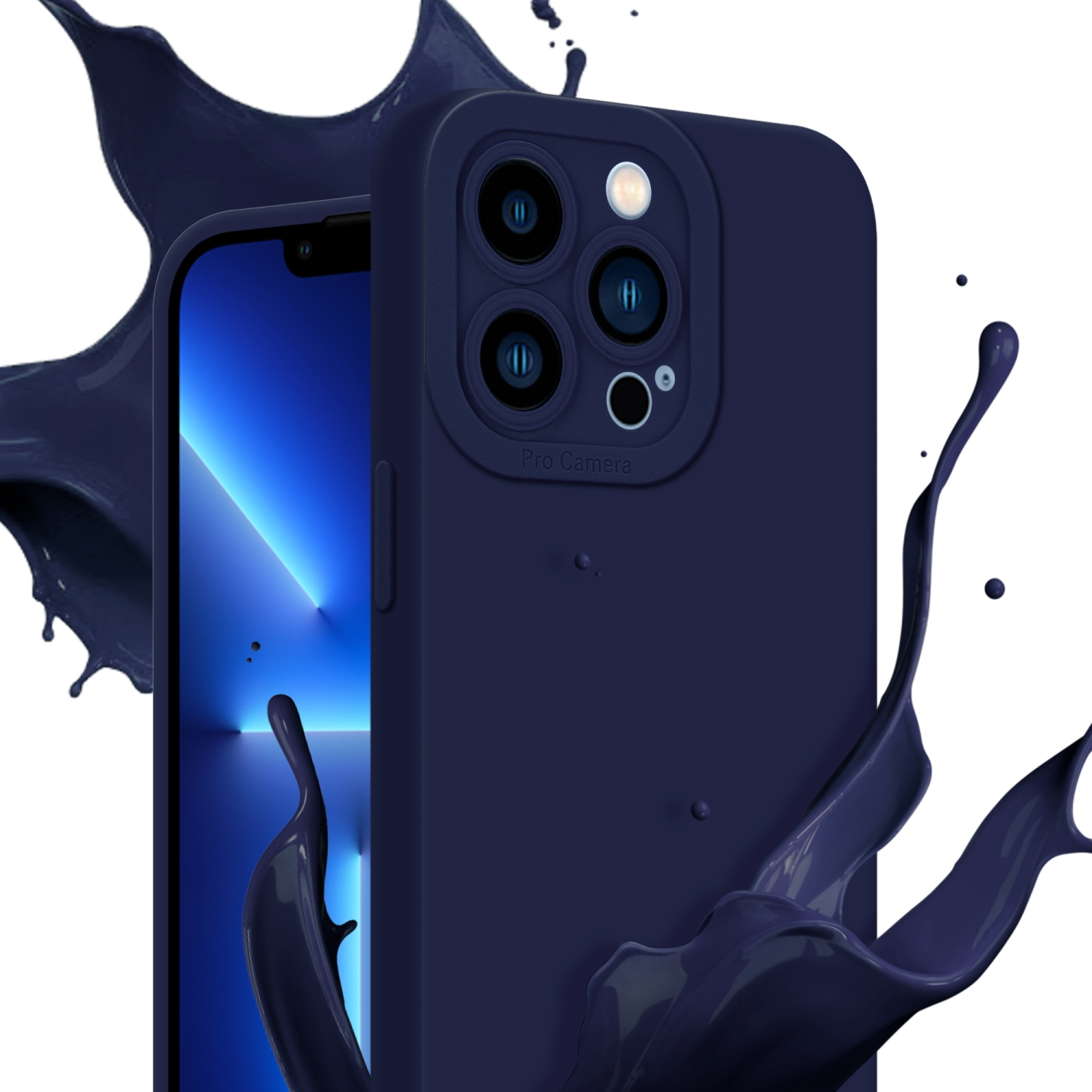 Custodia blu con telefono all'interno e schizzo di vernice blu.