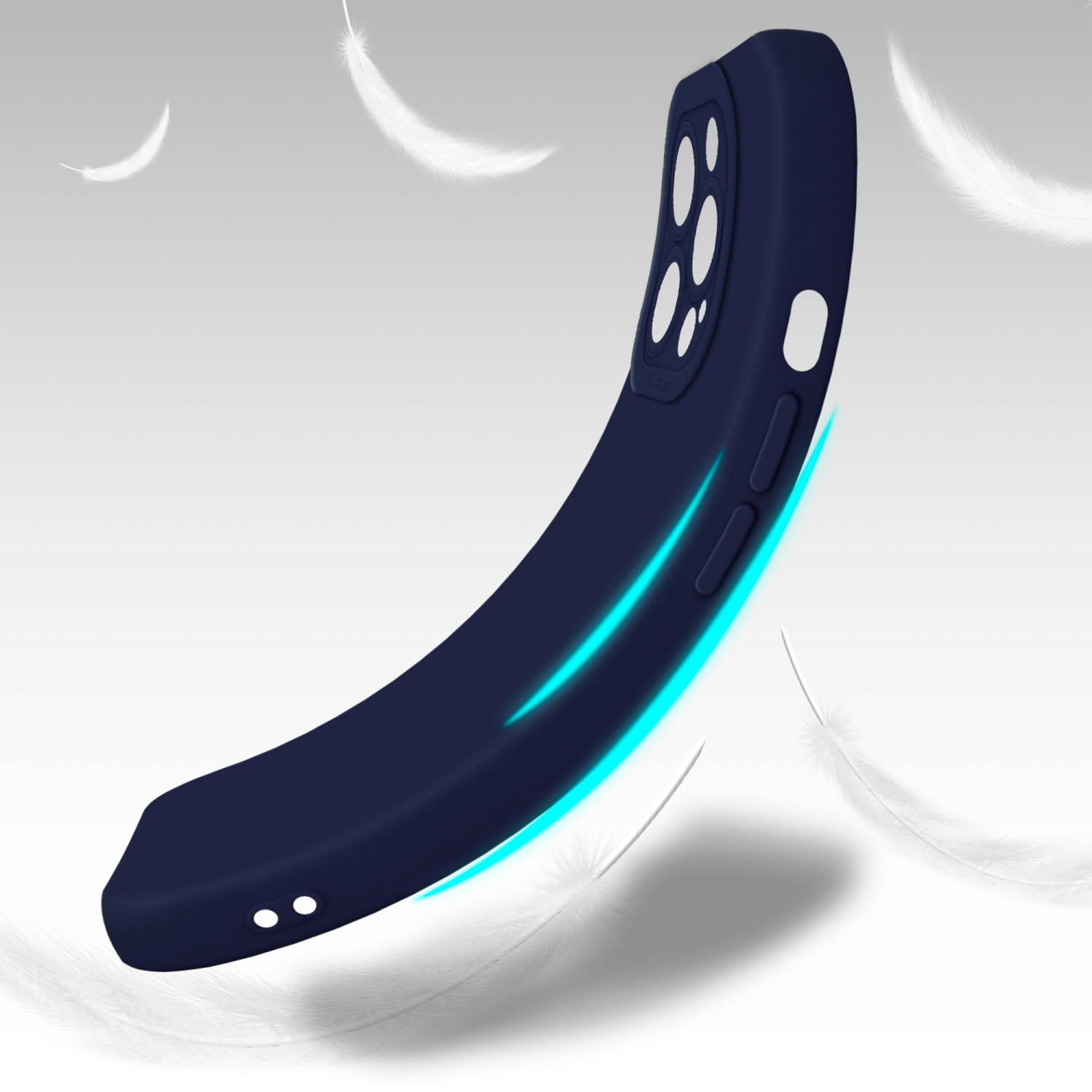 È mostrata una custodia per telefono blu navy, con un design curvo. Piume fluttuano sullo sfondo.