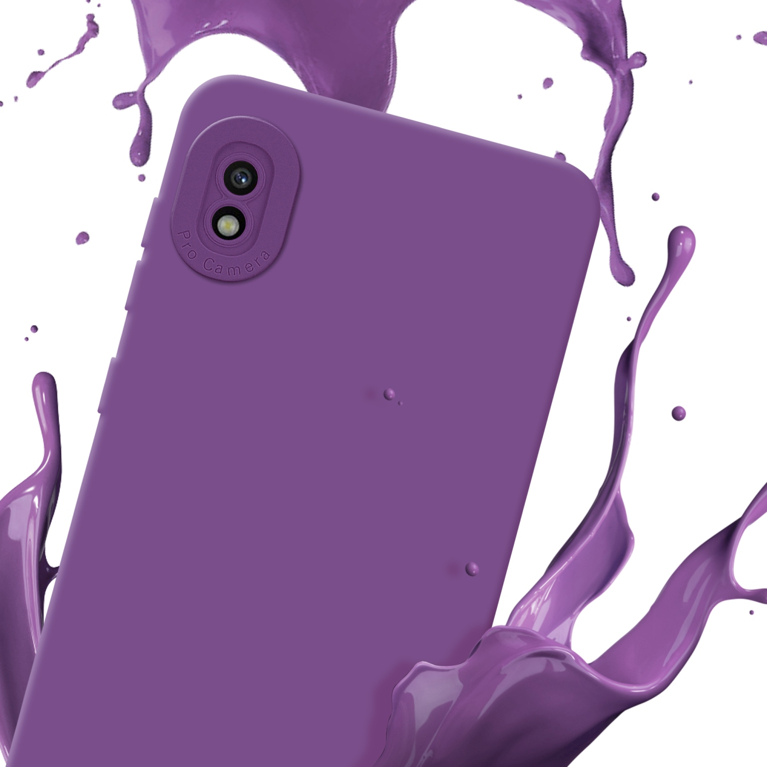 Custodia viola con spruzzo di vernice viola. La custodia ha un ritaglio per la fotocamera.