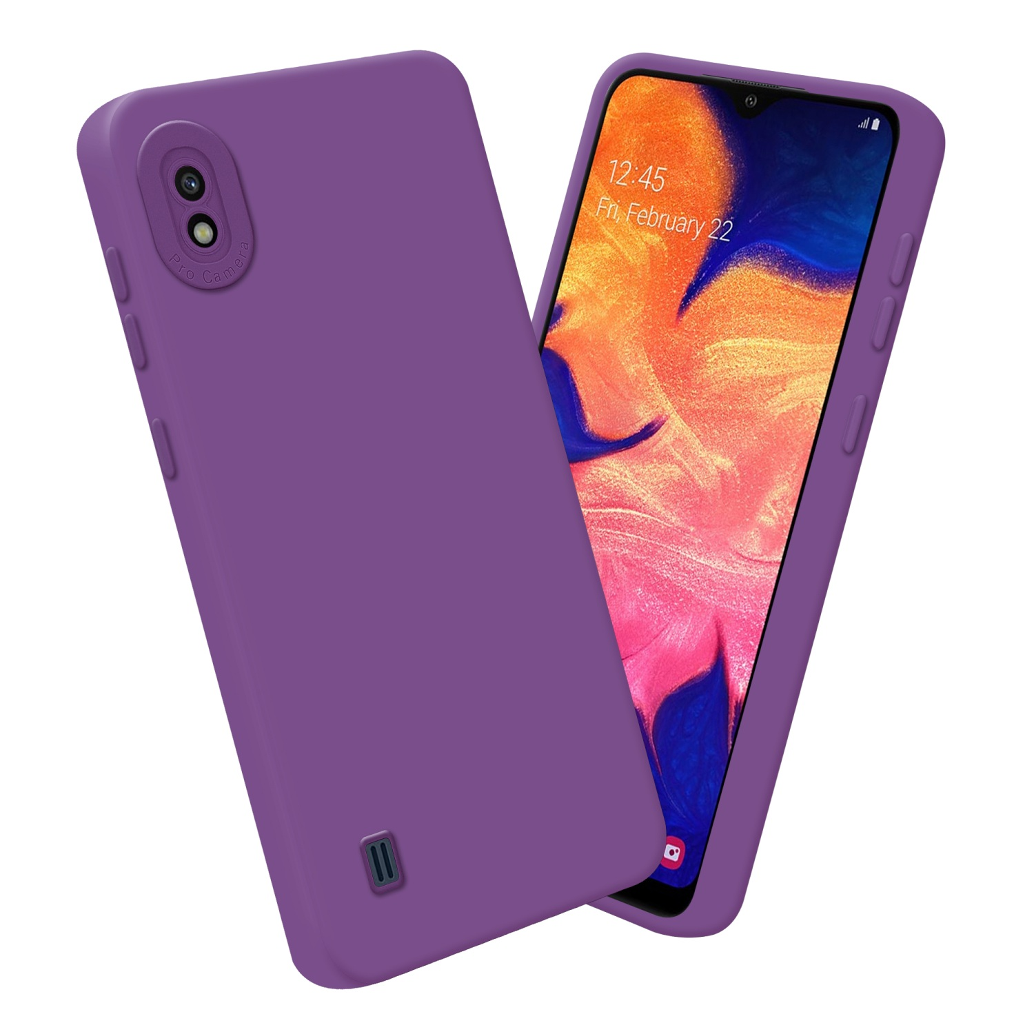 Telefono e custodia viola. Sfondo bianco.