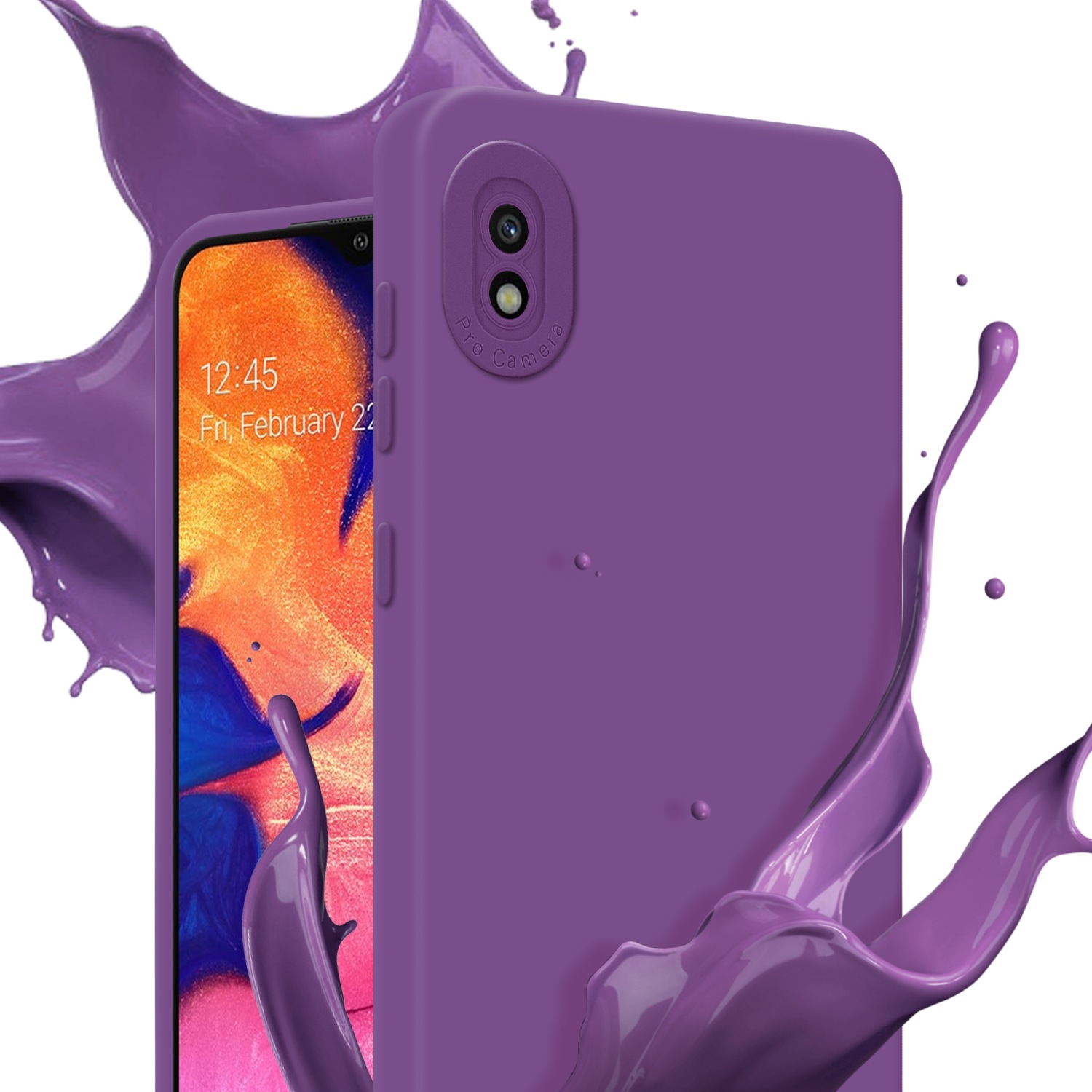 Custodia viola. Lo schermo mostra la data e l'ora. Spruzzi viola sullo sfondo.