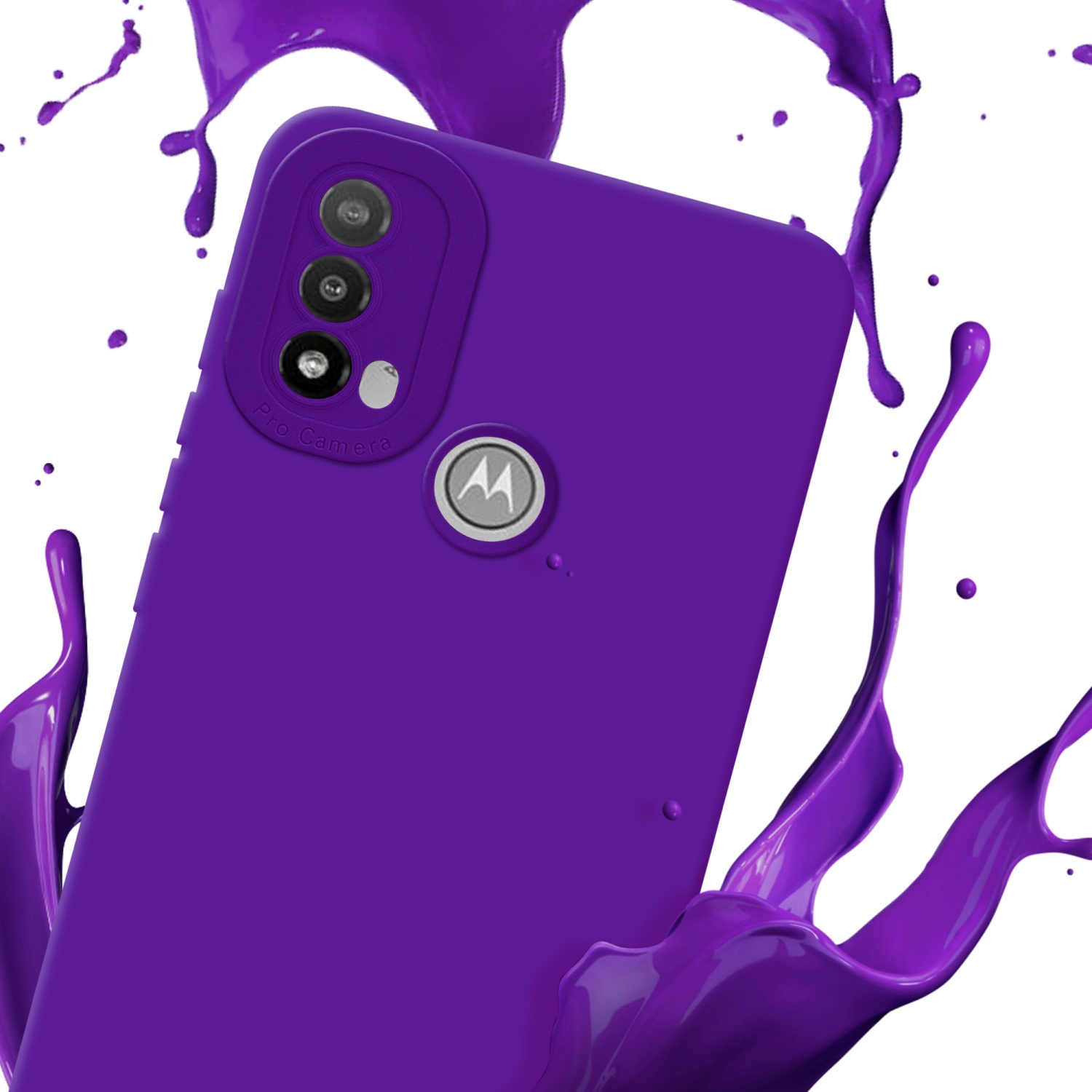 Custodia viola con schizzo di vernice. Logo Motorola in basso.