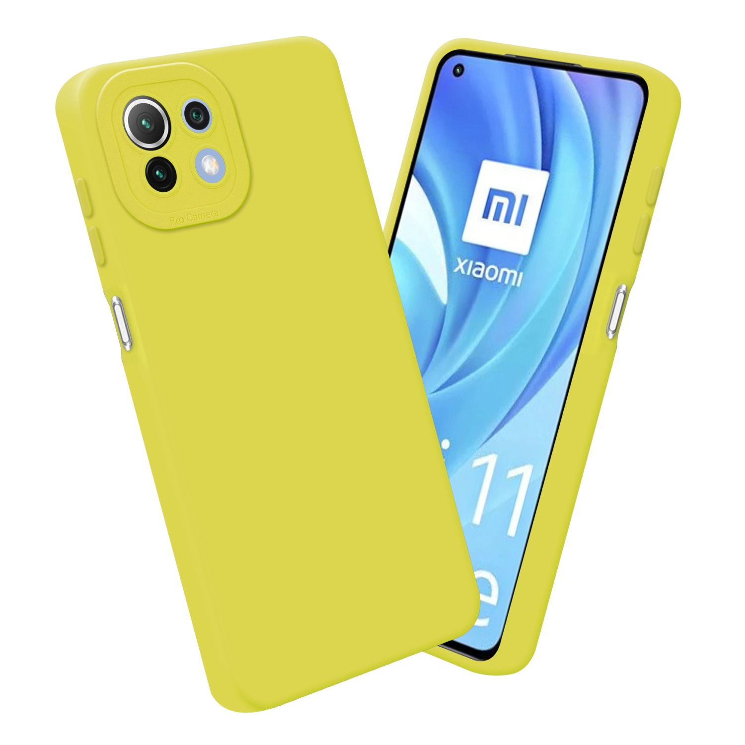 Custodia per telefono gialla con il telefono e il logo Xiaomi sullo schermo.