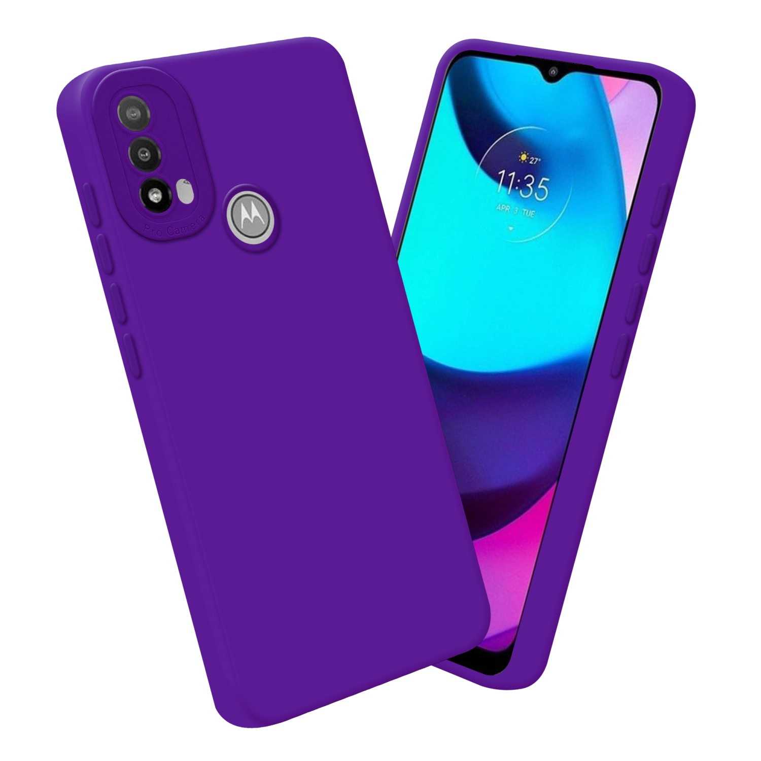 Custodia per telefono viola con un telefono che mostra l'ora. Sfondo bianco.