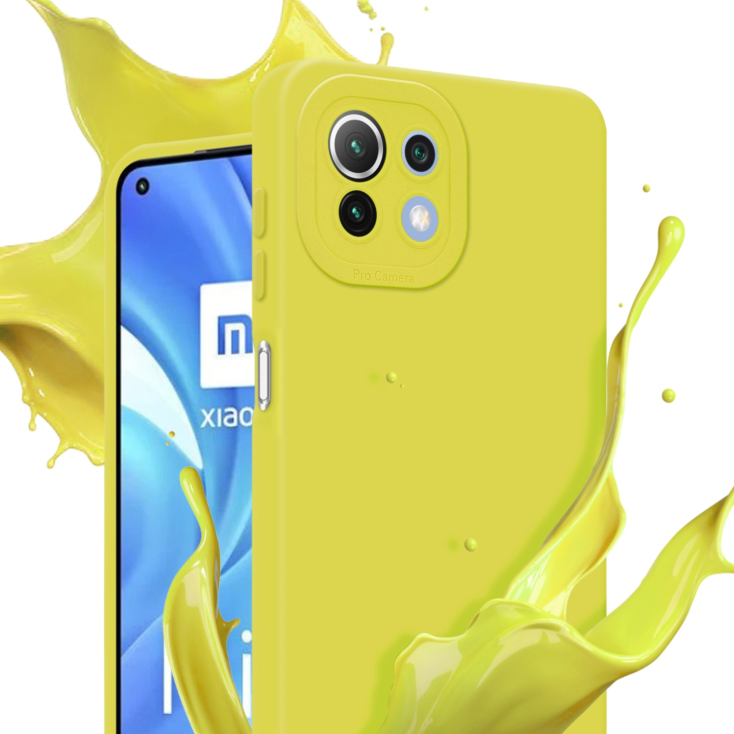 Una custodia gialla con uno spruzzo di liquido giallo. La custodia ha un design pro camera.