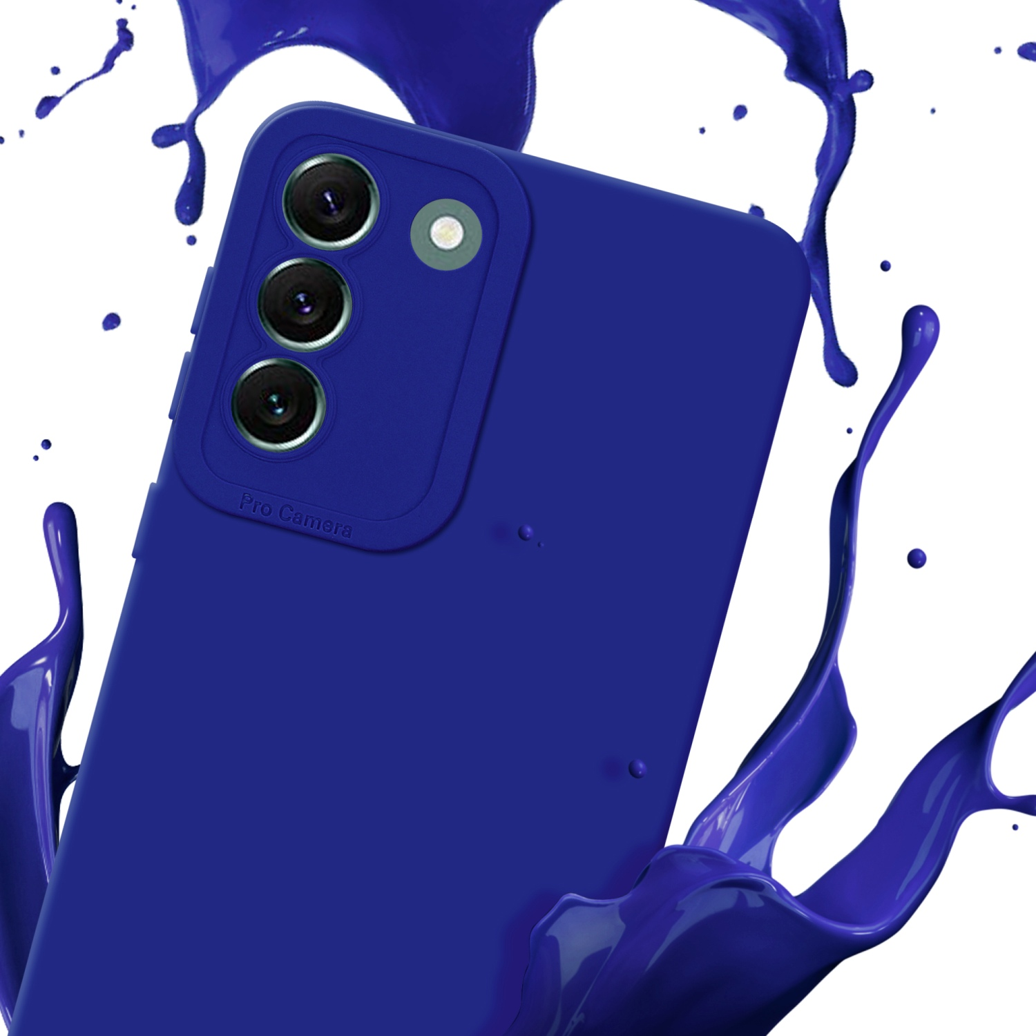 Coque de téléphone bleue avec éclaboussure de peinture bleue. Caméra du téléphone visible. Fond blanc.