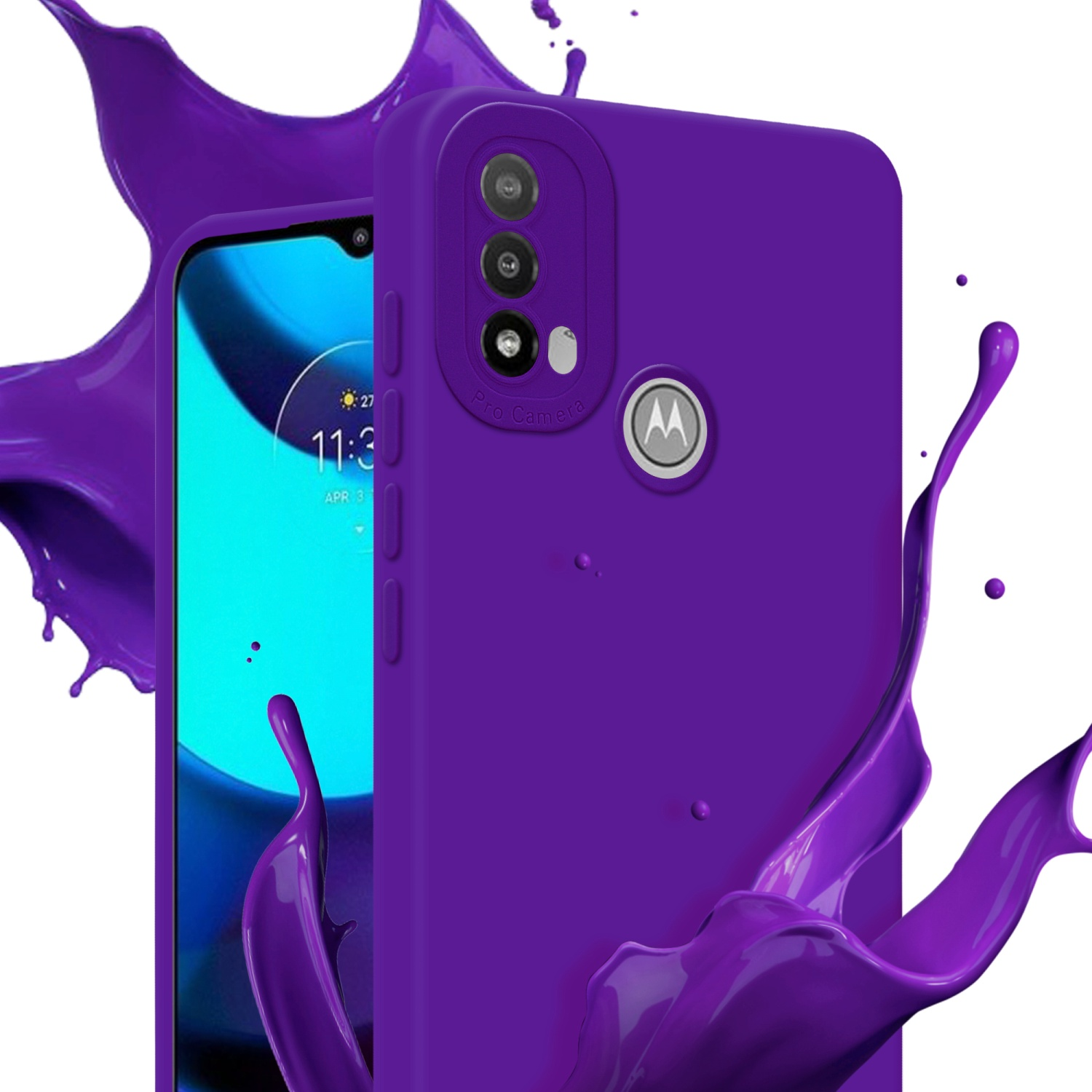 Una custodia per telefono viola con un telefono all'interno. Schizzi di vernice viola sullo sfondo.