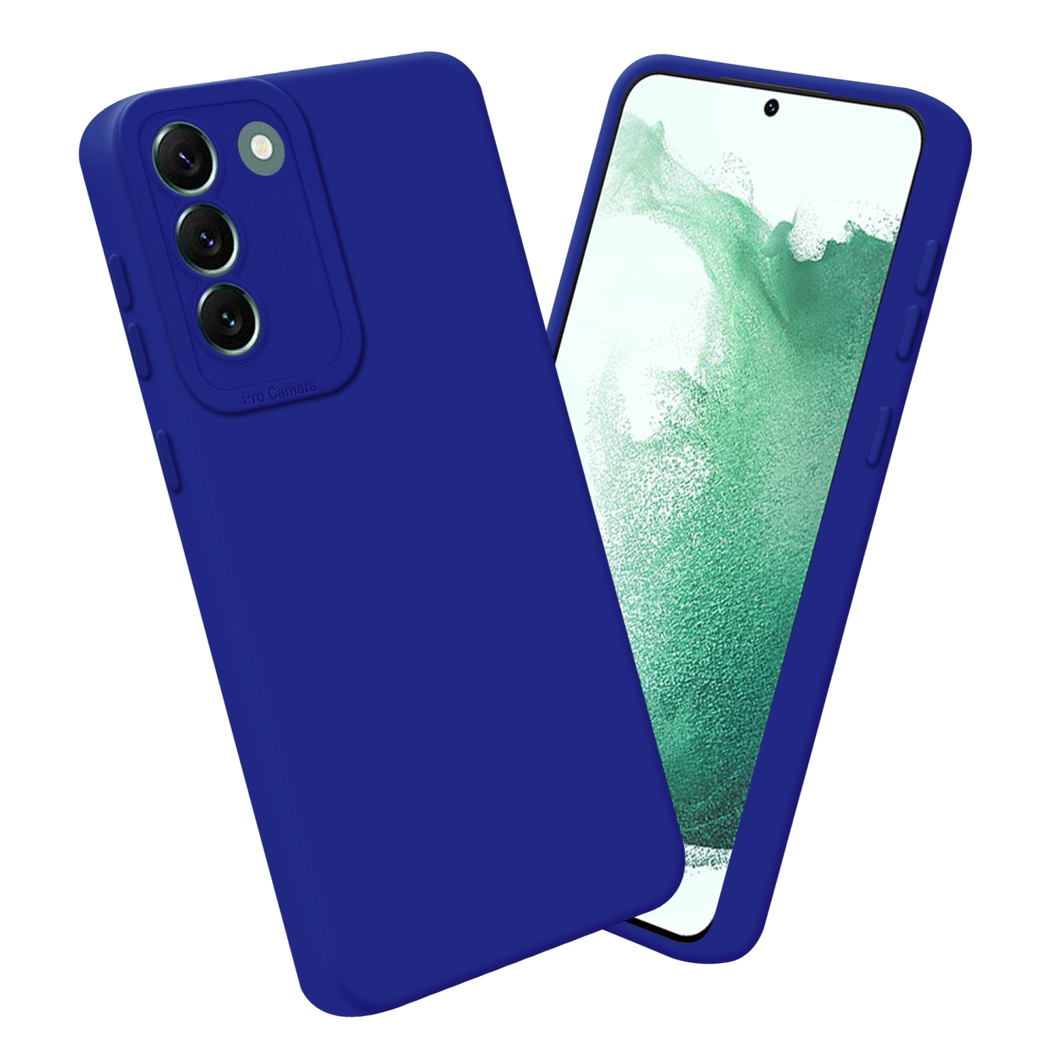 Coque de téléphone bleue avec objectifs d'appareil photo et un téléphone avec un écran vert et blanc.
