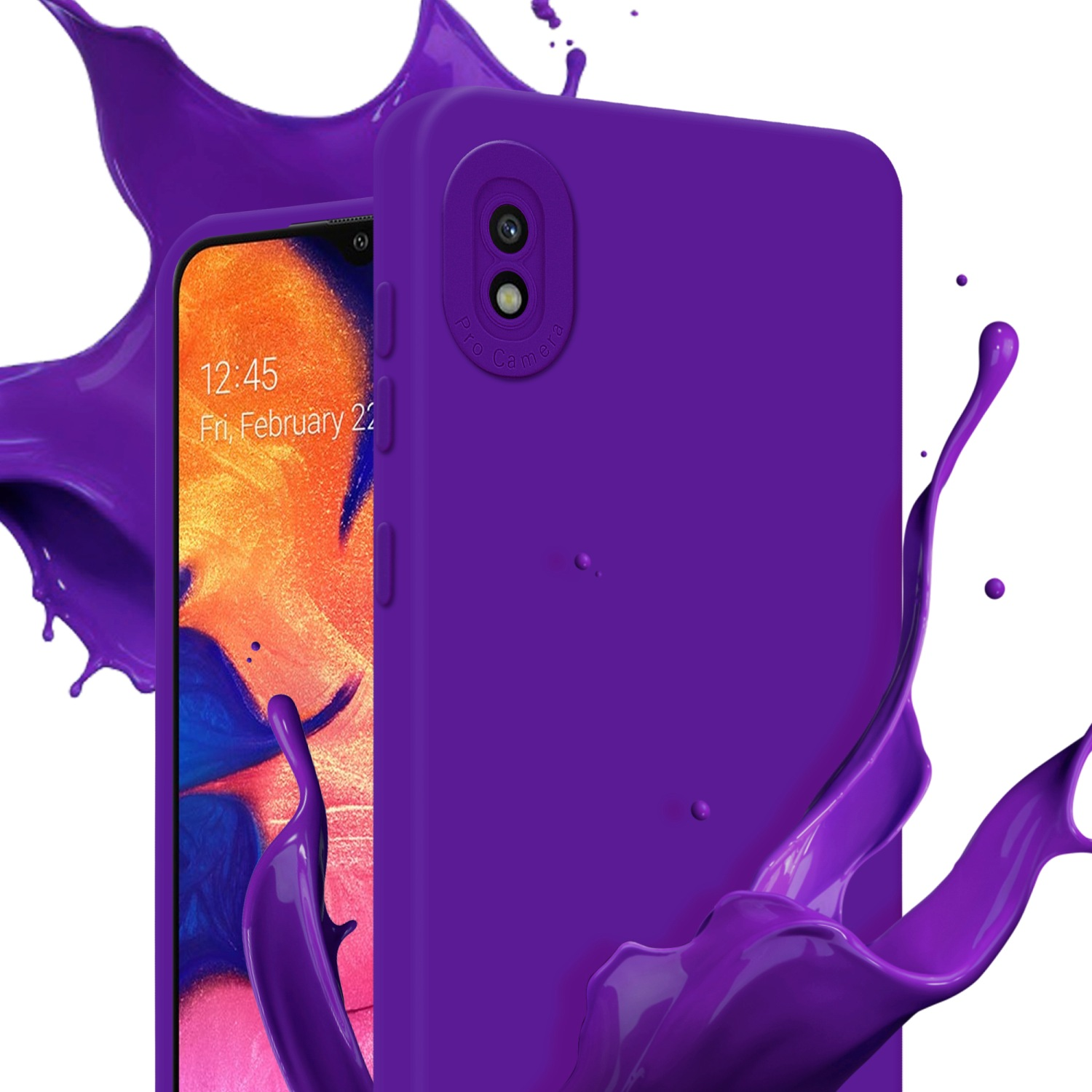 Custodia per telefono viola con schermo visibile e schizzi di vernice su sfondo bianco.
