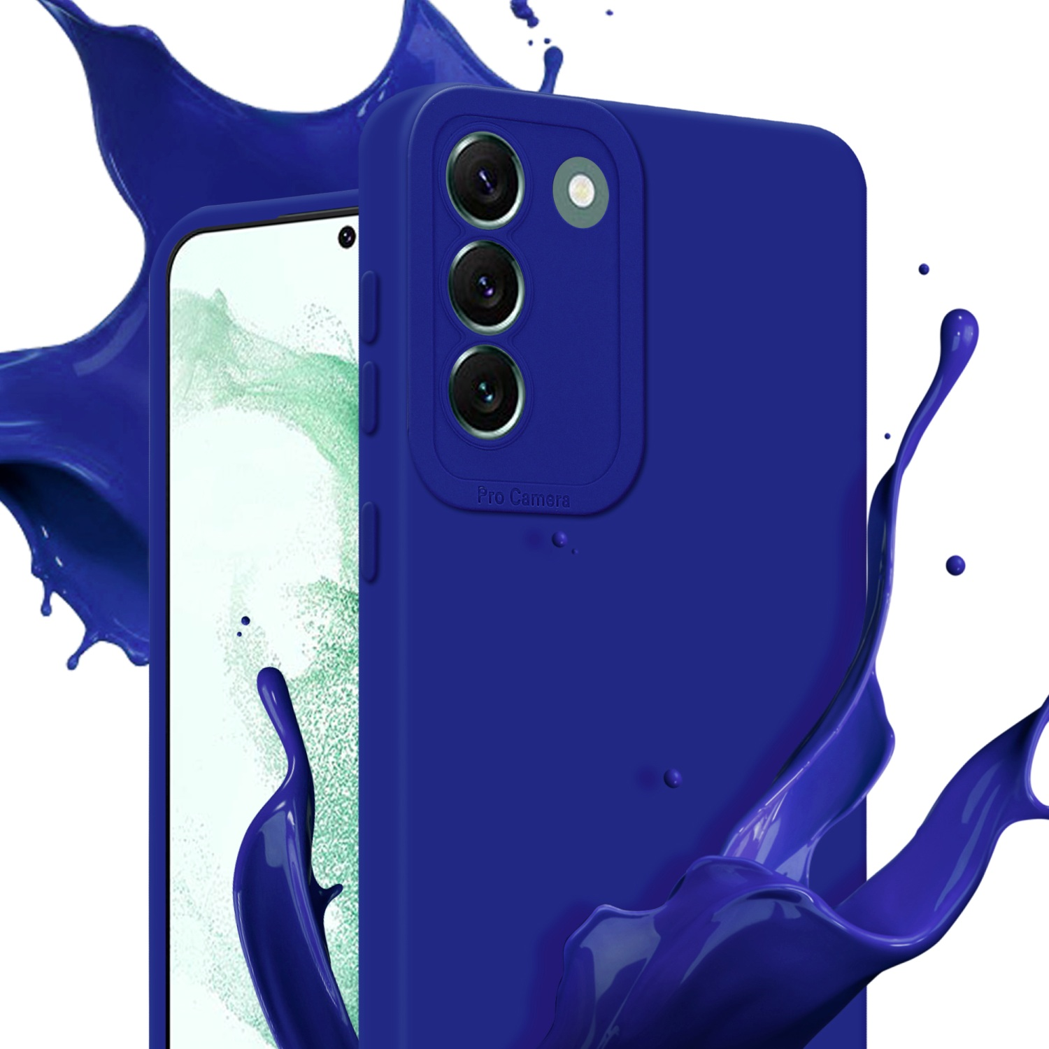 Une coque de téléphone bleu foncé avec une bosse de caméra et des éclaboussures de peinture bleue.