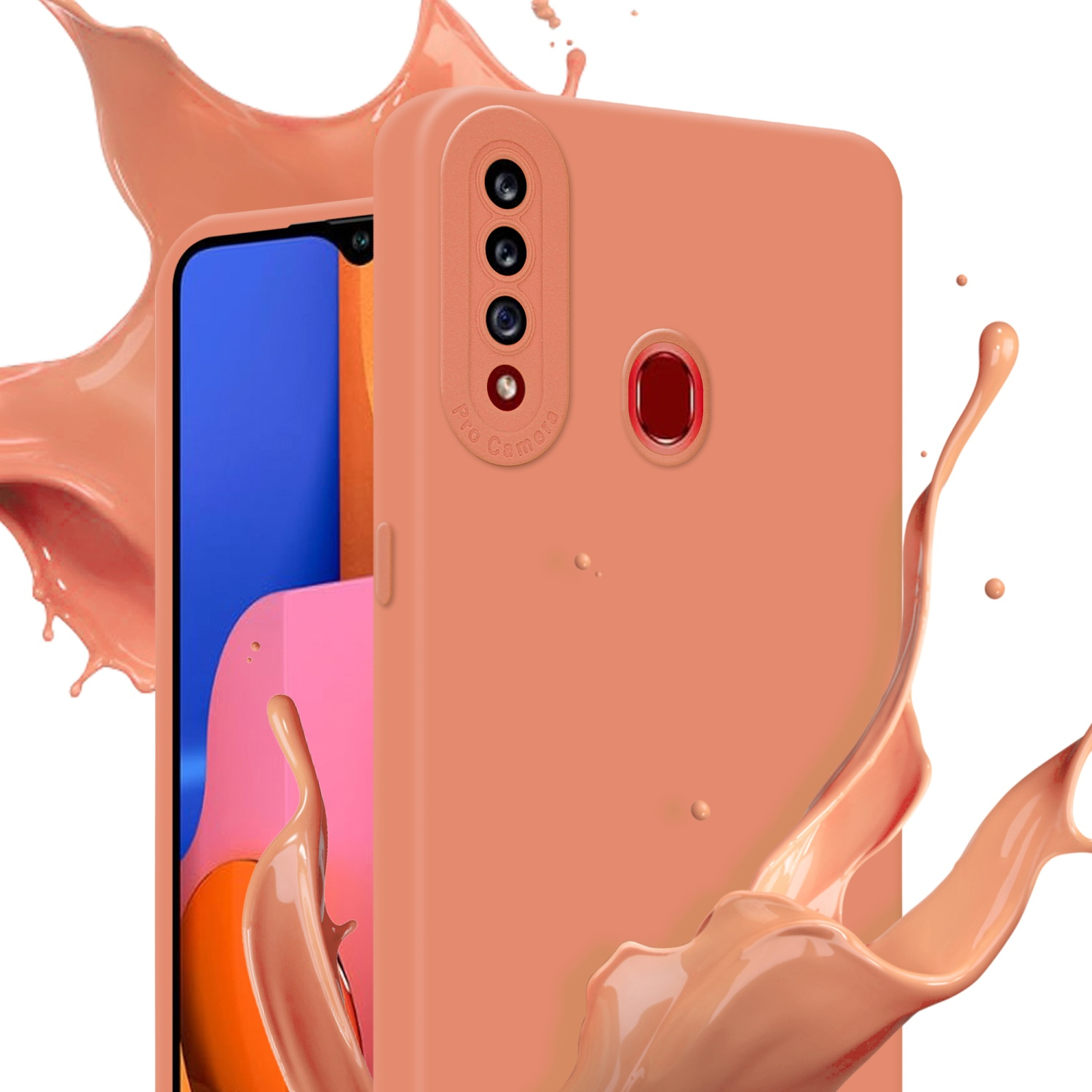 Pfirsichfarbene Handyhülle mit Spritzeffekt. Telefon hat drei Kameras. Das Telefon befindet sich rechts im Bild.