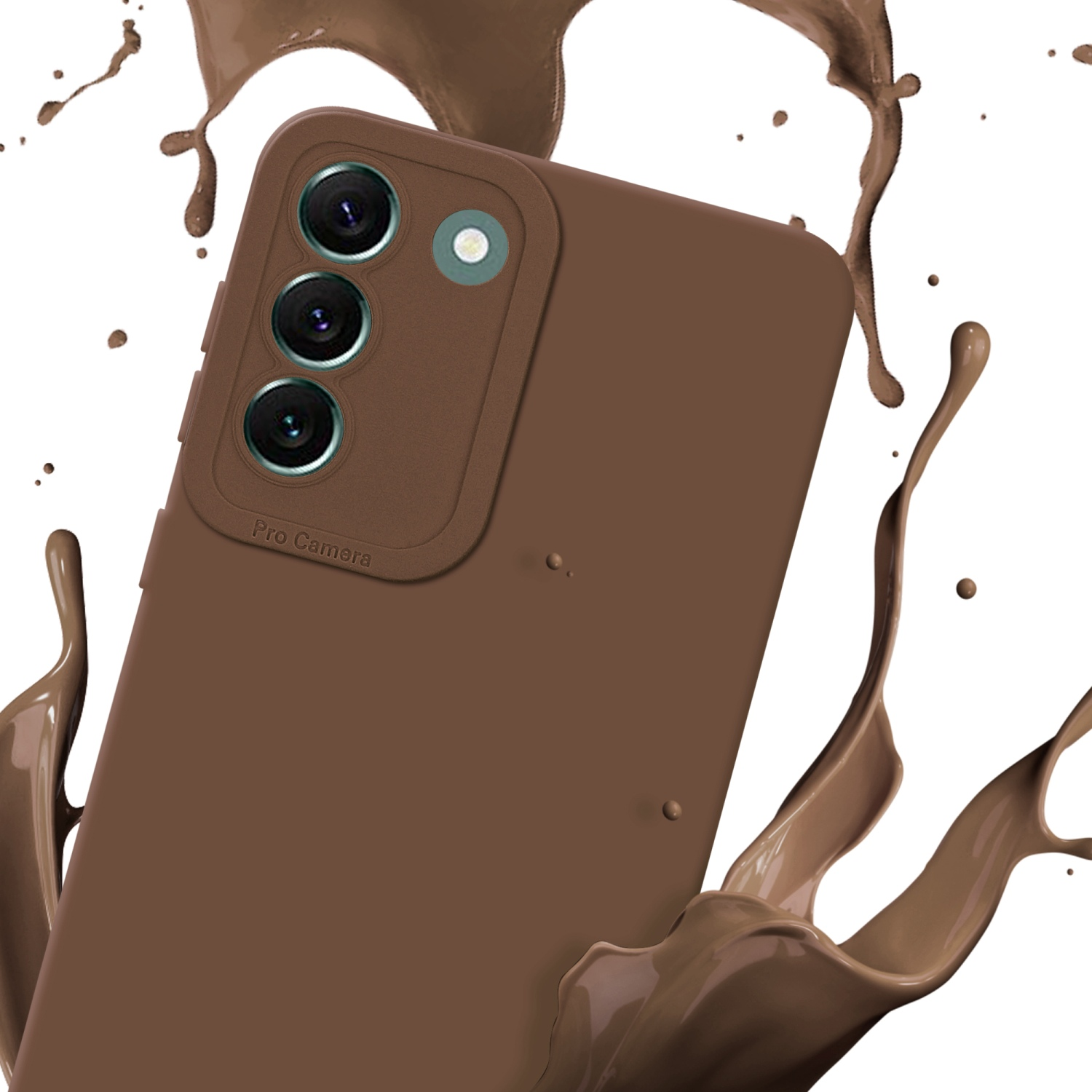 Coque de téléphone marron avec module caméra, avec éclaboussures de peinture marron en arrière-plan.