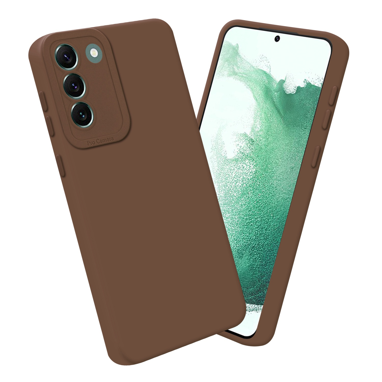 Coque de téléphone marron avec un téléphone affichant son écran. Fond blanc.