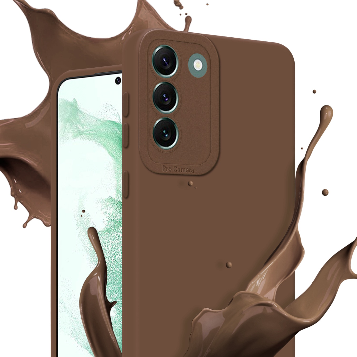 Une coque de téléphone marron, avec une éclaboussure marron à droite. L'écran du téléphone est visible.