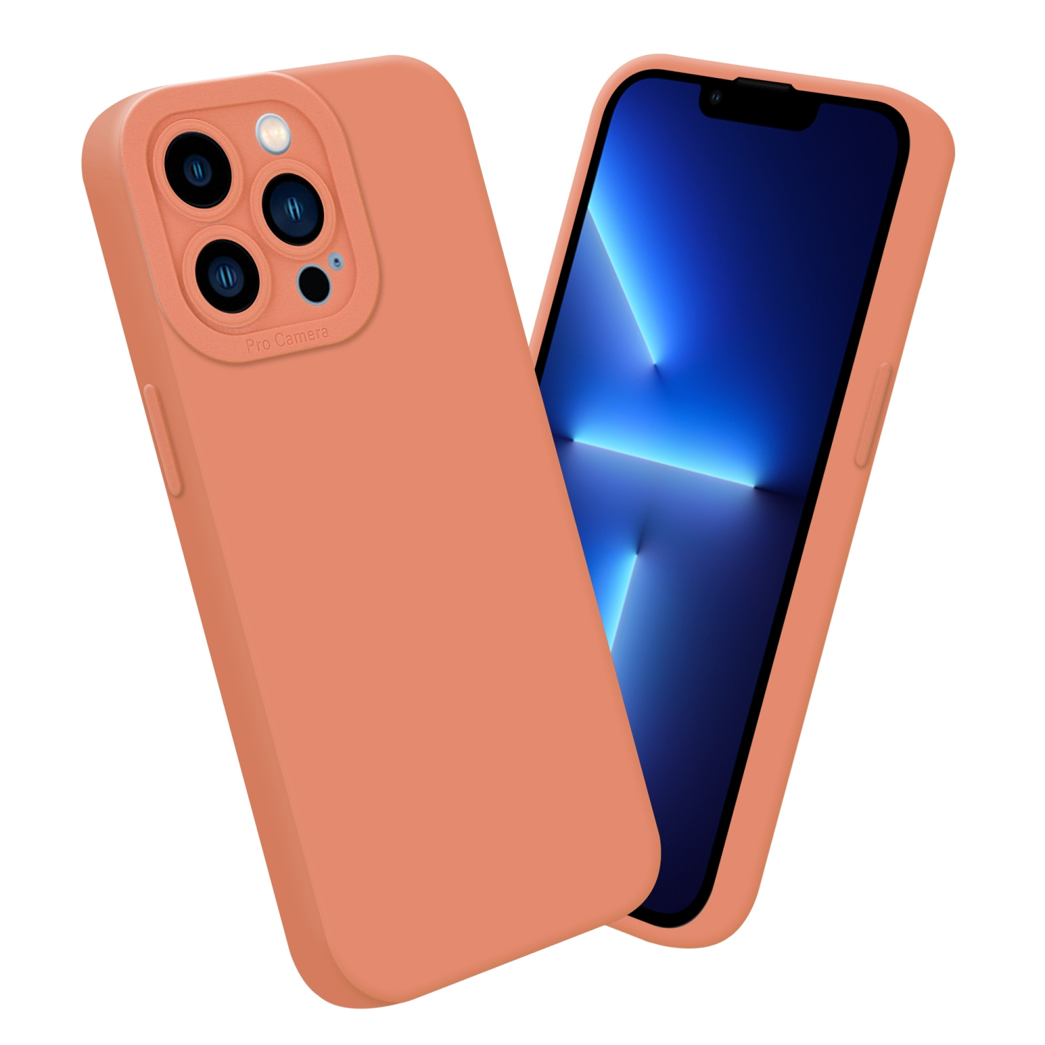 Custodia e telefono color pesca con schermo blu. La custodia è sul lato sinistro.
