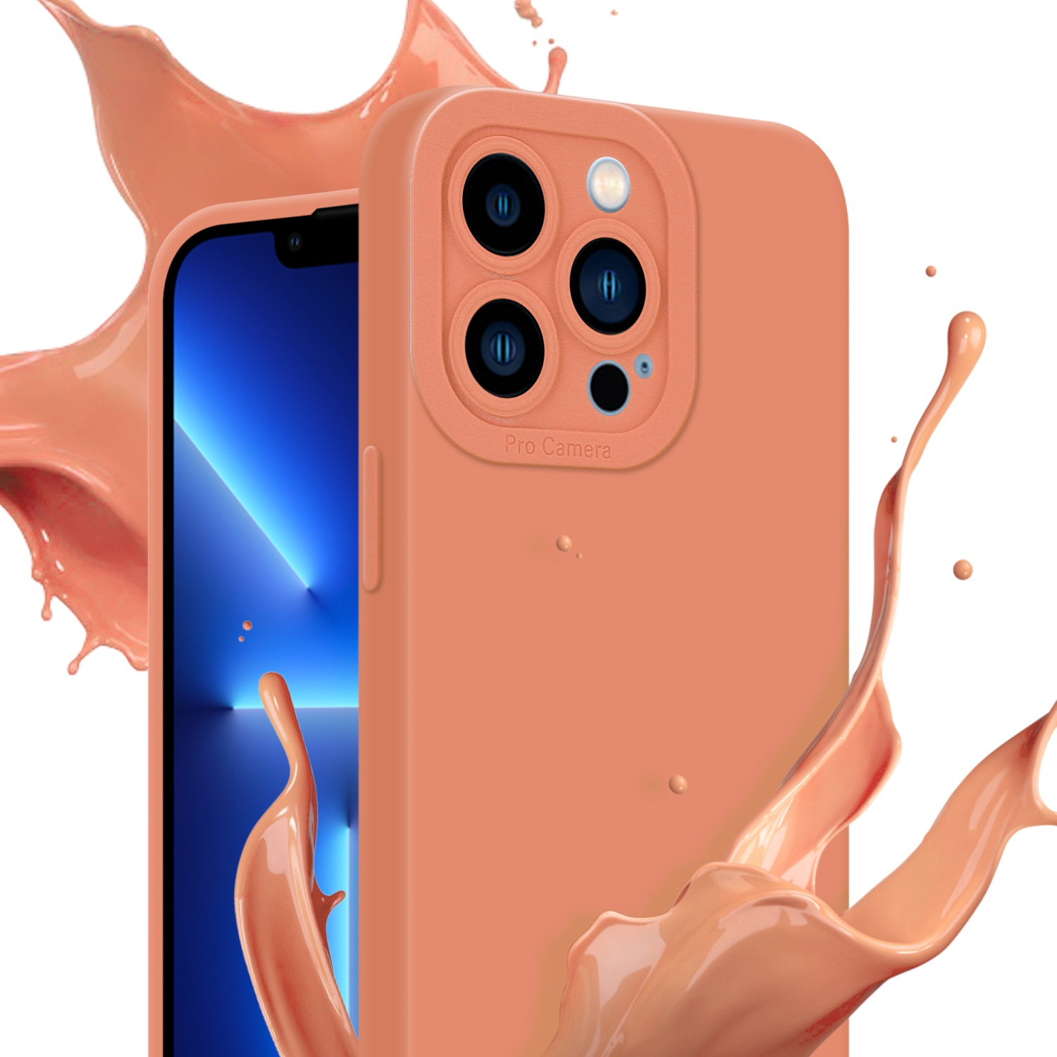 Custodia corallo con telefono dentro. Schizzi di vernice rosa intorno.