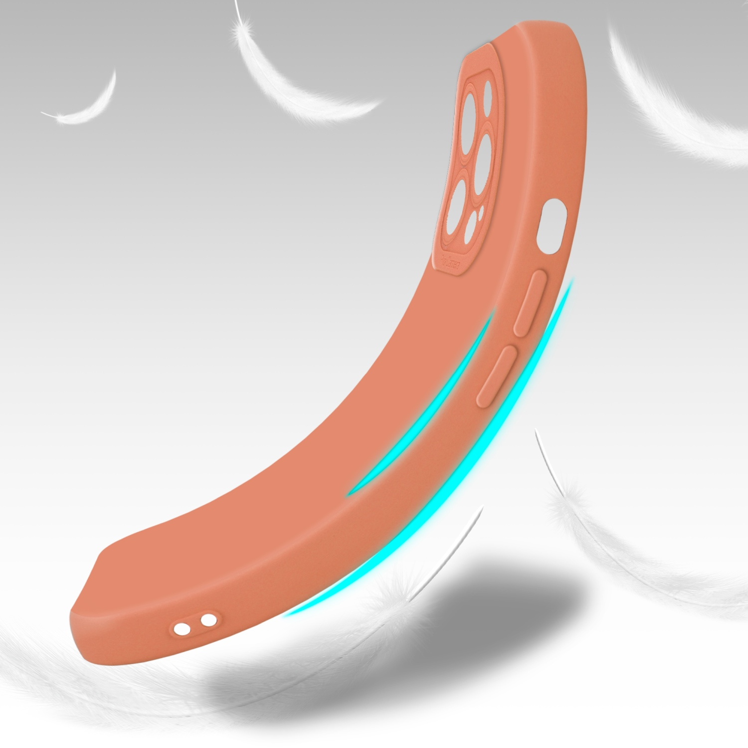 Custodia color pesca per telefono, design curvo con piume bianche fluttuanti su sfondo chiaro.