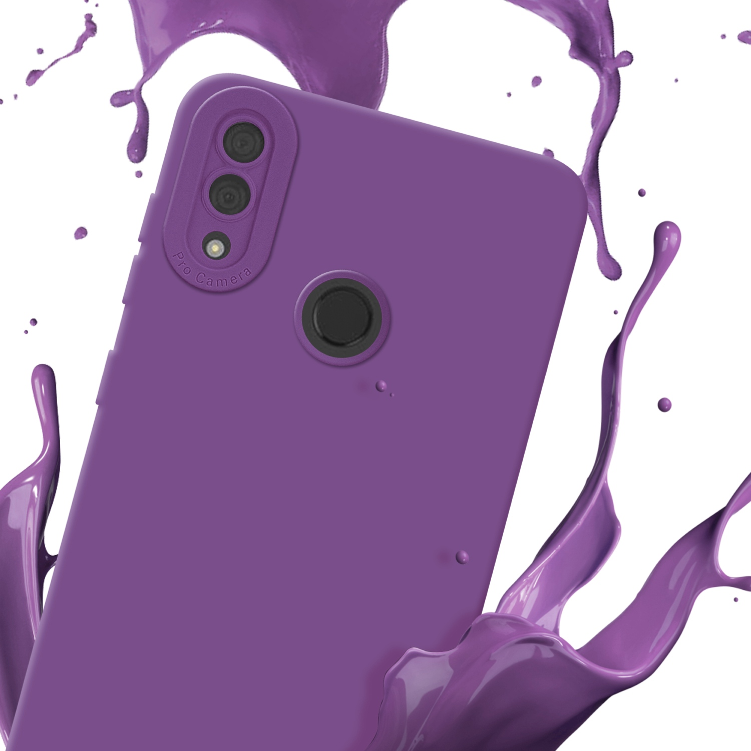 Une coque de téléphone violette avec téléphone et éclaboussure de peinture violette.