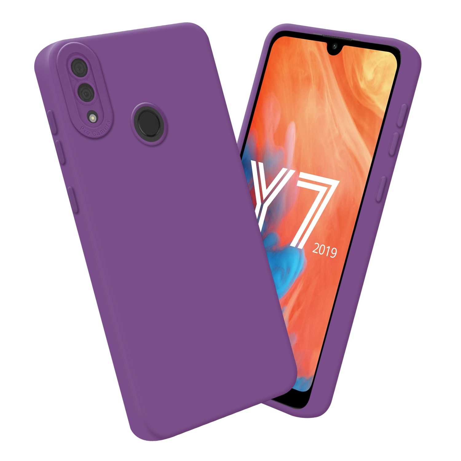 Coque de téléphone violette avec téléphone. Le téléphone affiche un fond d'écran coloré. Fond blanc.