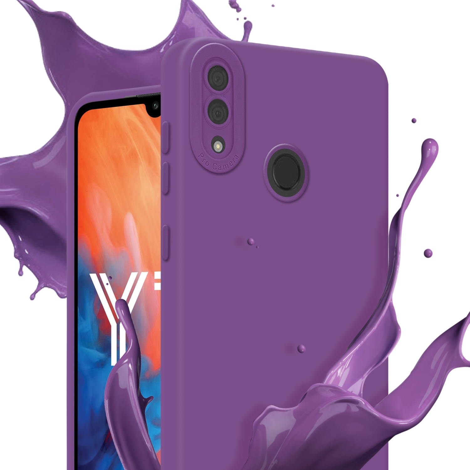 Coque de téléphone violette avec éclaboussures de peinture violette et un écran de téléphone, fond blanc.